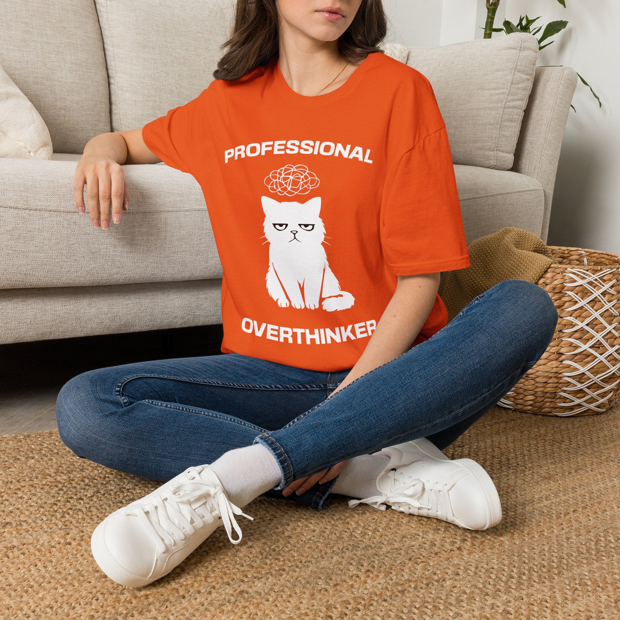 T-Shirt — 'Professional Overthinker' Tired Cat Graphic Tee (Tired jokes)