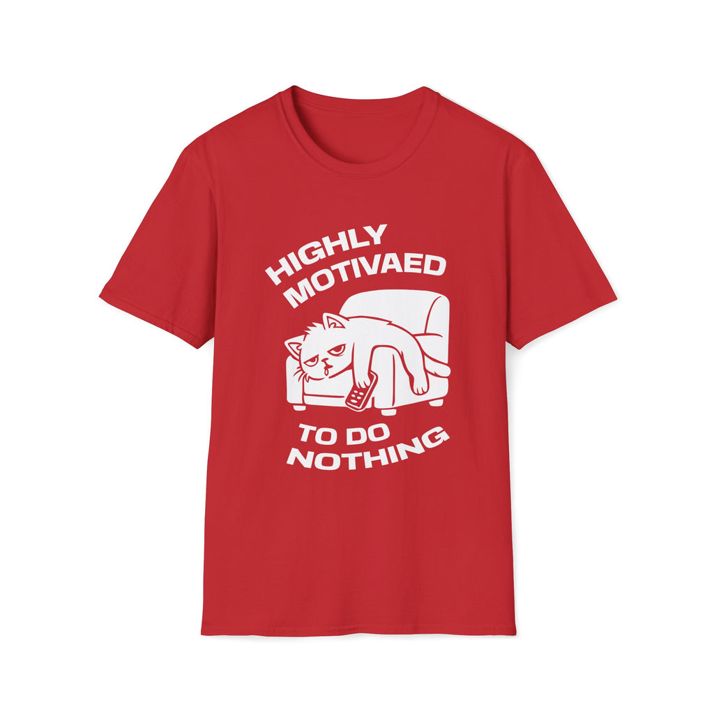 T-Shirt — 'HIGHLY MOTIVATED TO DO NOTHING' Tired Cat Graphic Tee (Tired jokes)