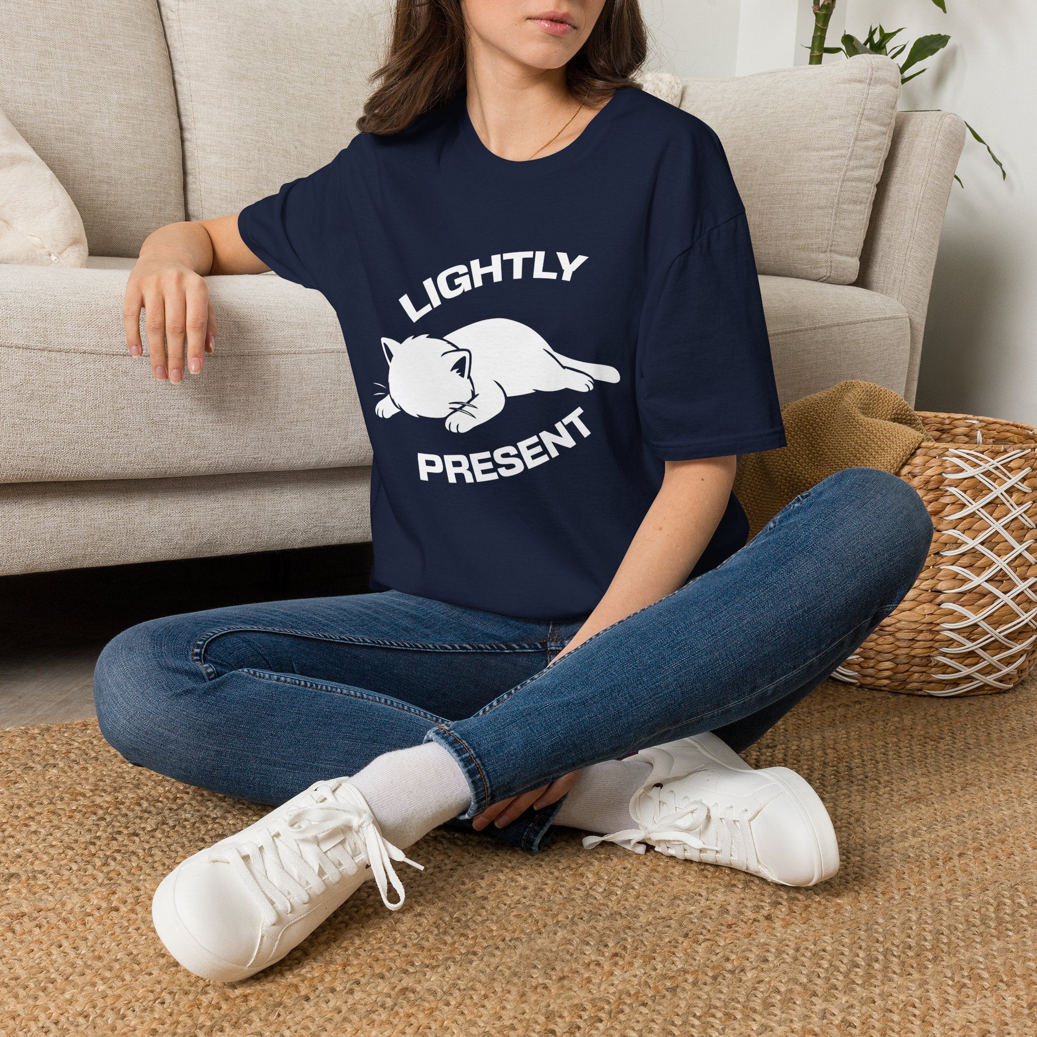 T-Shirt — 'Lightly Present' Tired Cat Graphic Tee (Tired jokes)