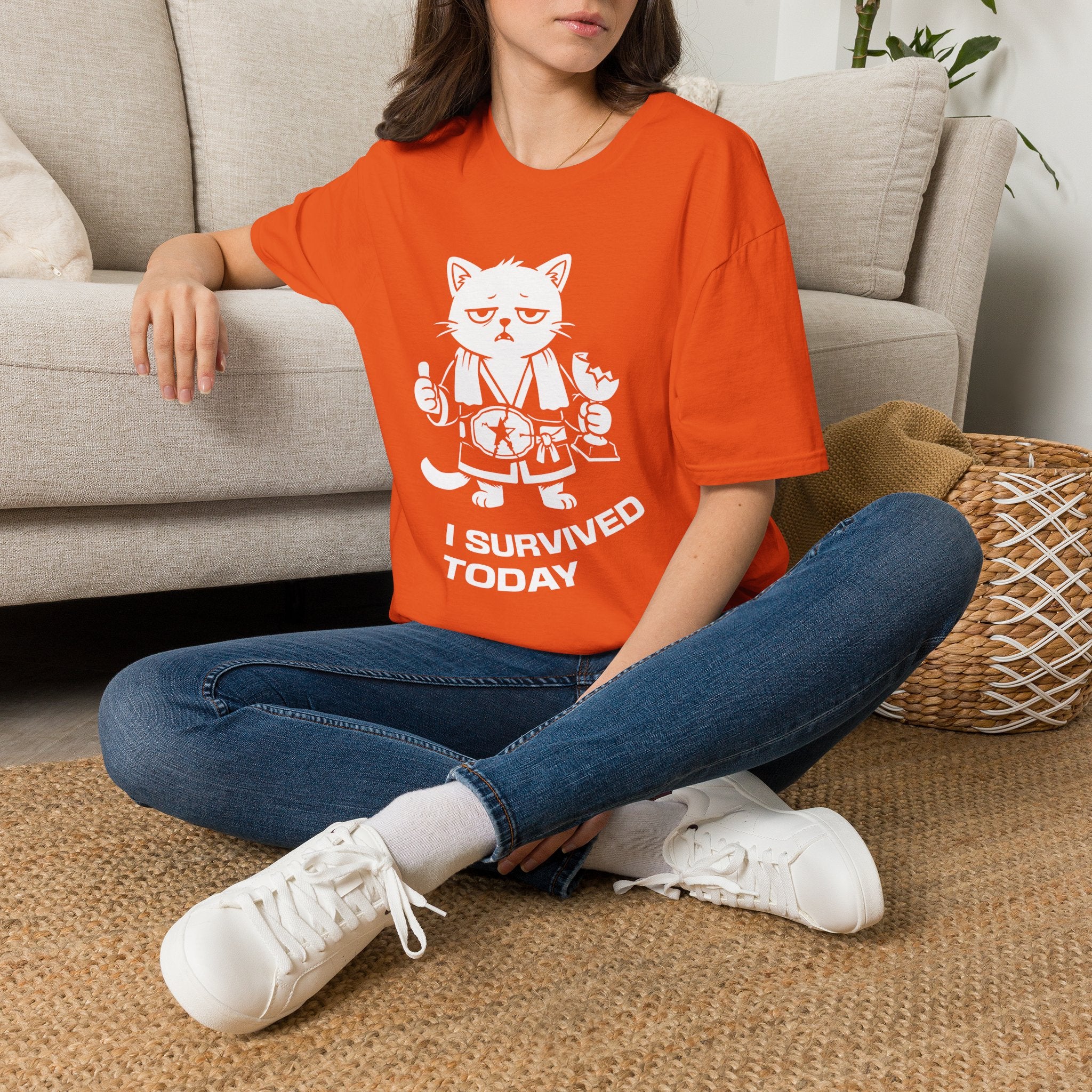 T-Shirt — 'I SURVIVED TODAY' Tired Cat Graphic Tee (Tired jokes)