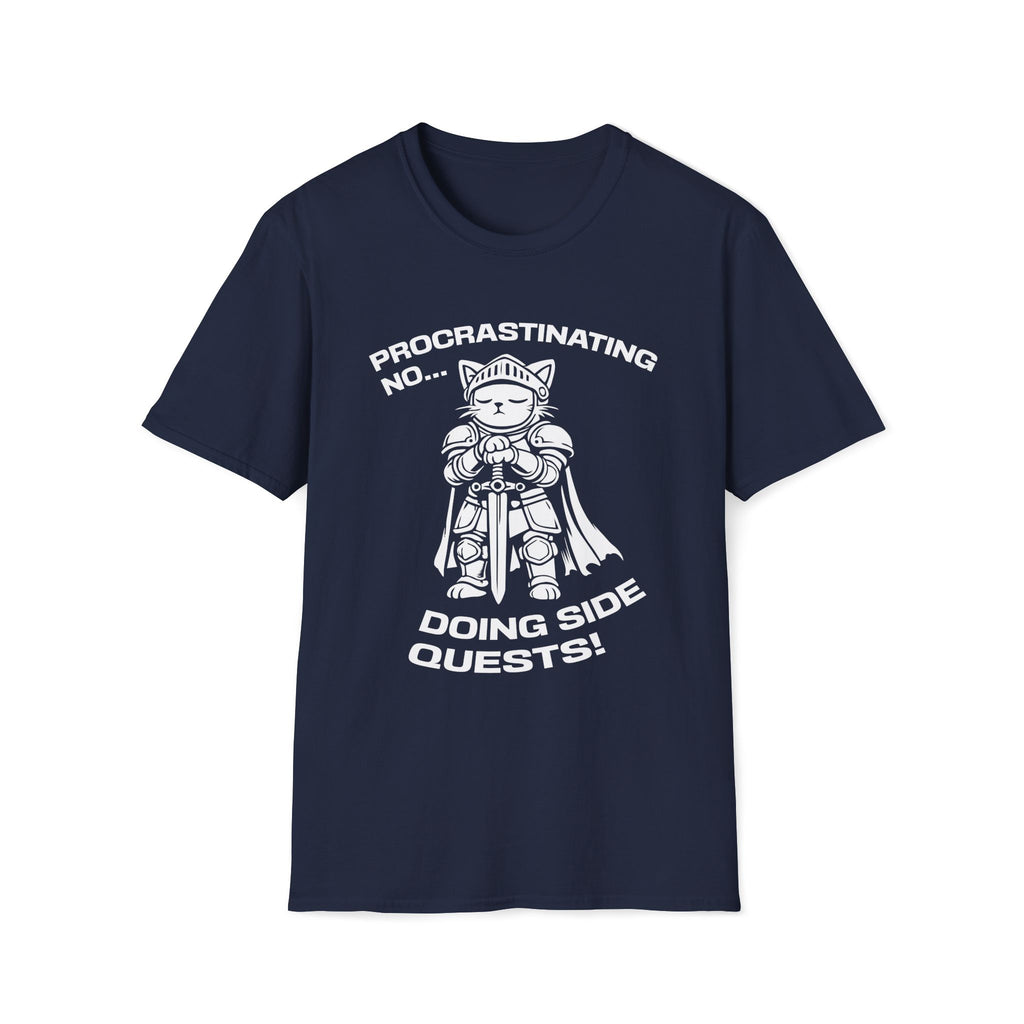 T-Shirt — 'PROCRASTINATING NO...DOING SIDE QUESTS!' Tired Cat Graphic Tee (Tired jokes)
