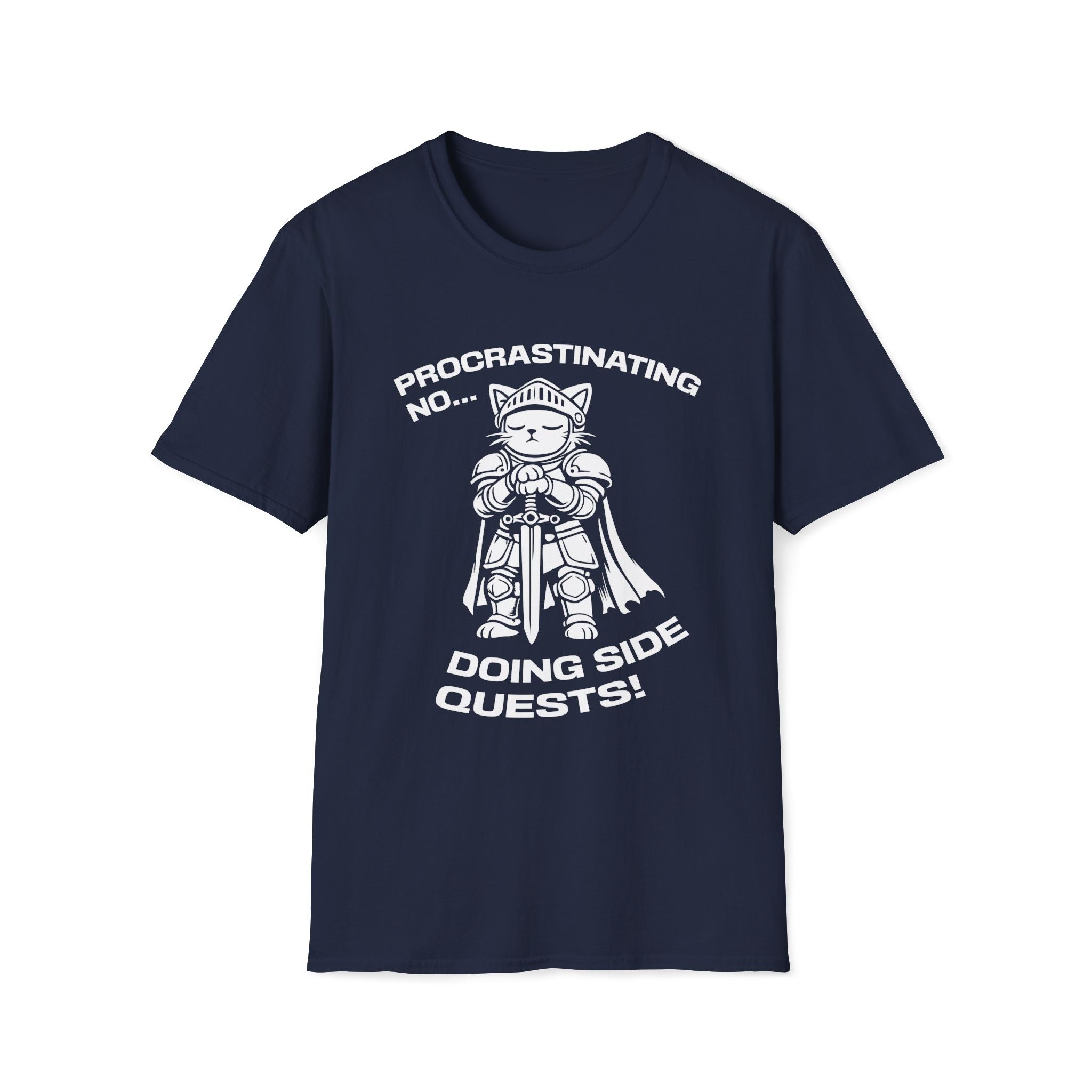 T-Shirt — 'PROCRASTINATING NO...DOING SIDE QUESTS!' Tired Cat Graphic Tee (Tired jokes)