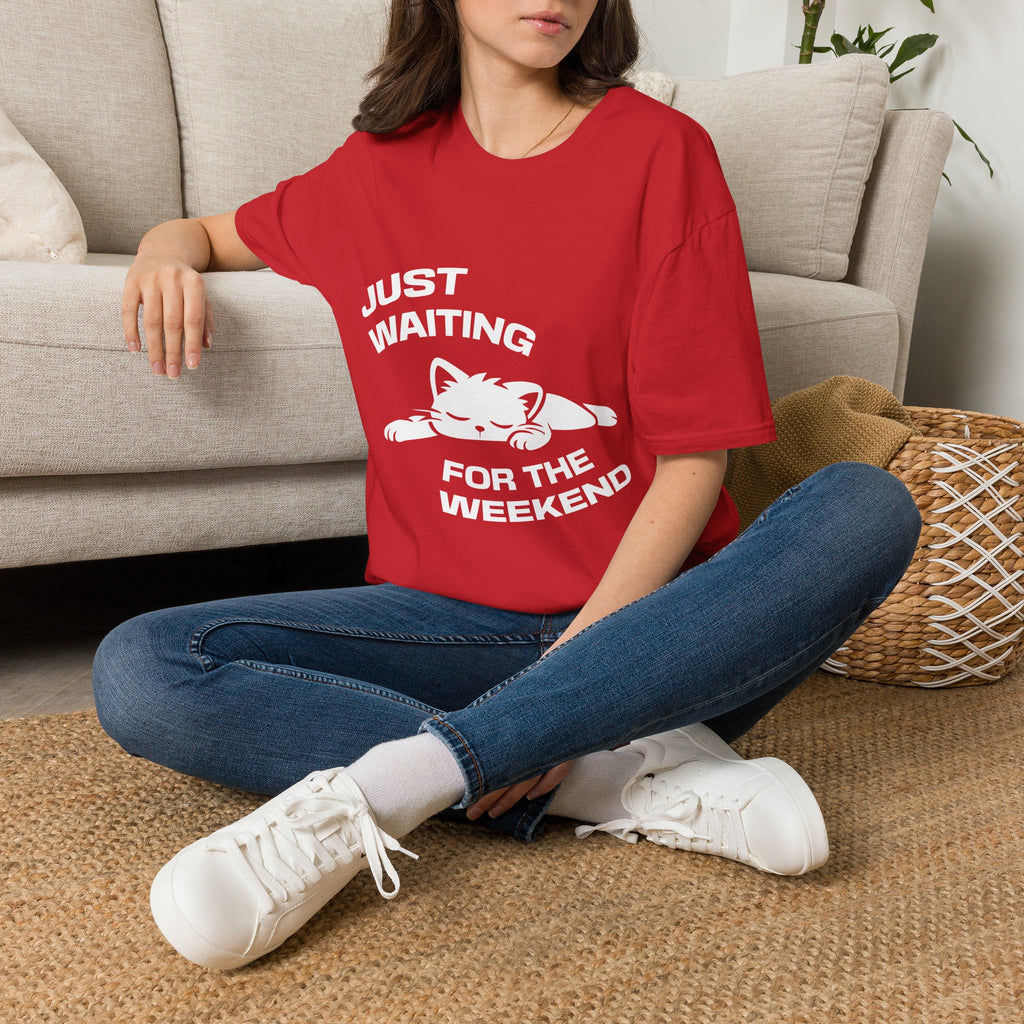 T-Shirt — 'JUST WAITING FOR THE WEEKEND' Tired Cat Graphic Tee (Tired jokes)