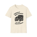 T-Shirt — 'HIGHLY MOTIVATED TO DO NOTHING' Tired Cat Graphic Tee (Tired jokes)