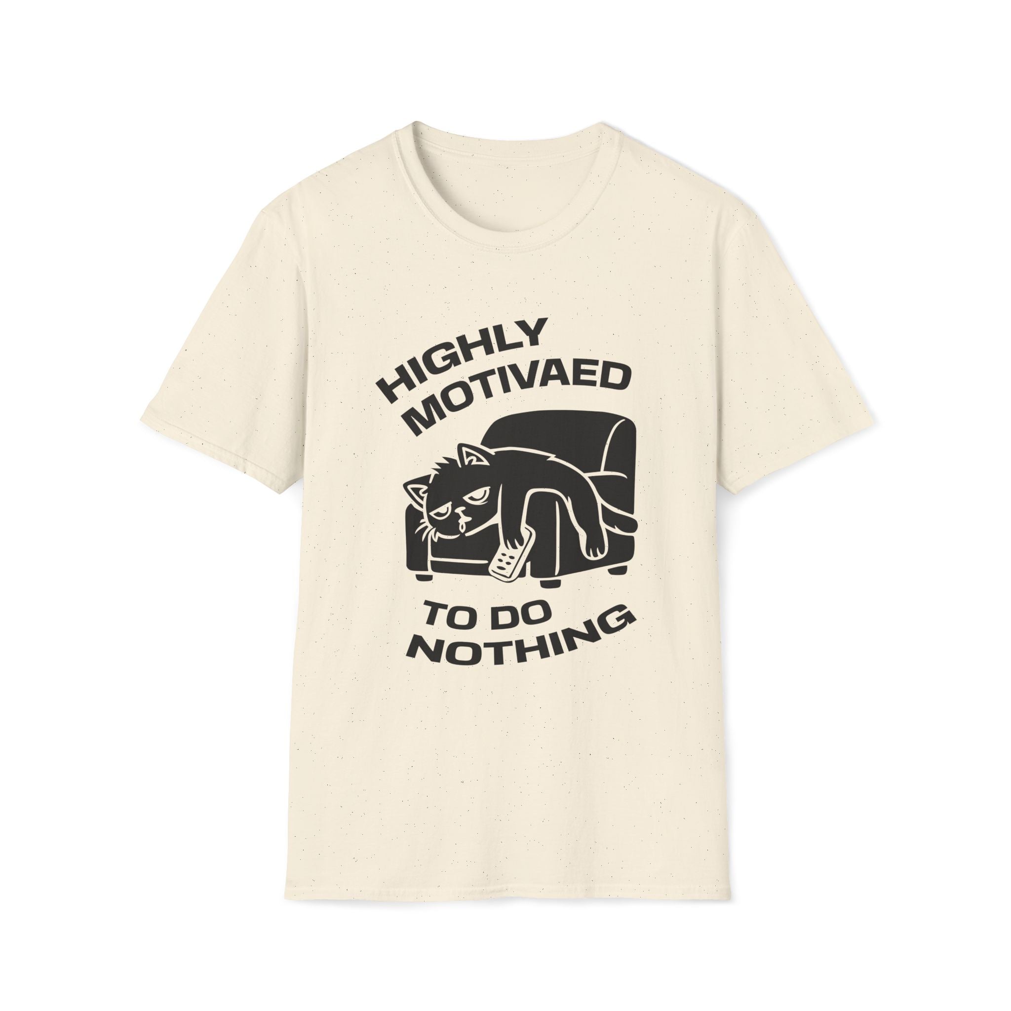 T-Shirt — 'HIGHLY MOTIVATED TO DO NOTHING' Tired Cat Graphic Tee (Tired jokes)