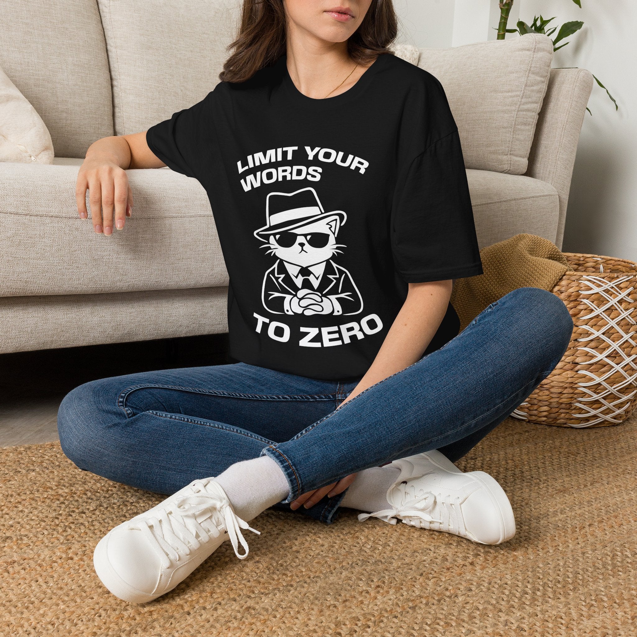 T-Shirt — 'LIMIT YOUR WORDS TO ZERO' Tired Cat Graphic Tee (Tired jokes)