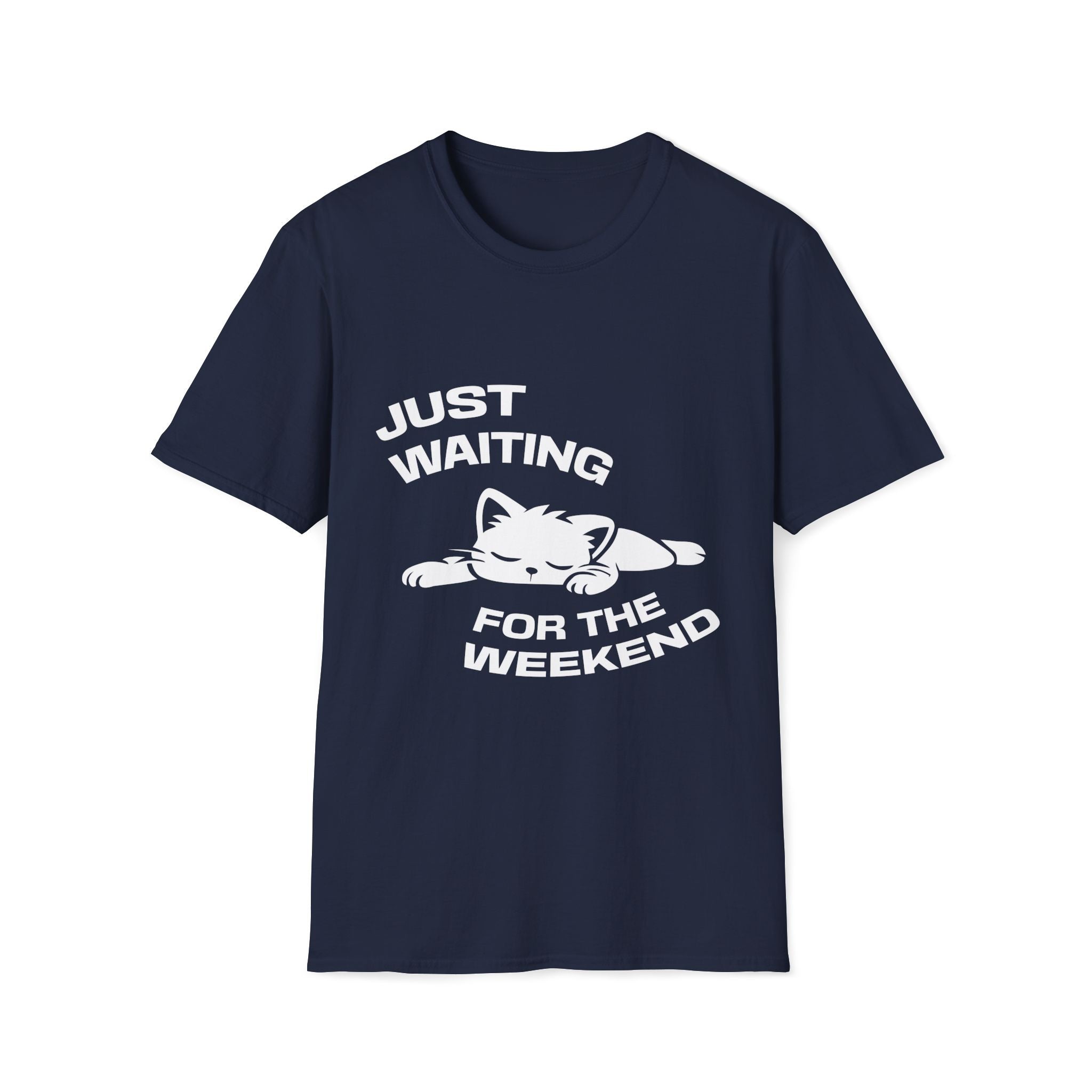 T-Shirt — 'JUST WAITING FOR THE WEEKEND' Tired Cat Graphic Tee (Tired jokes)