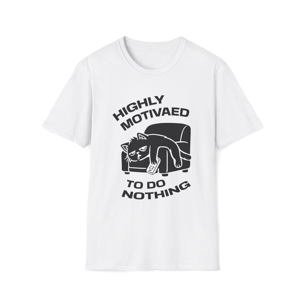 T-Shirt — 'HIGHLY MOTIVATED TO DO NOTHING' Tired Cat Graphic Tee (Tired jokes)
