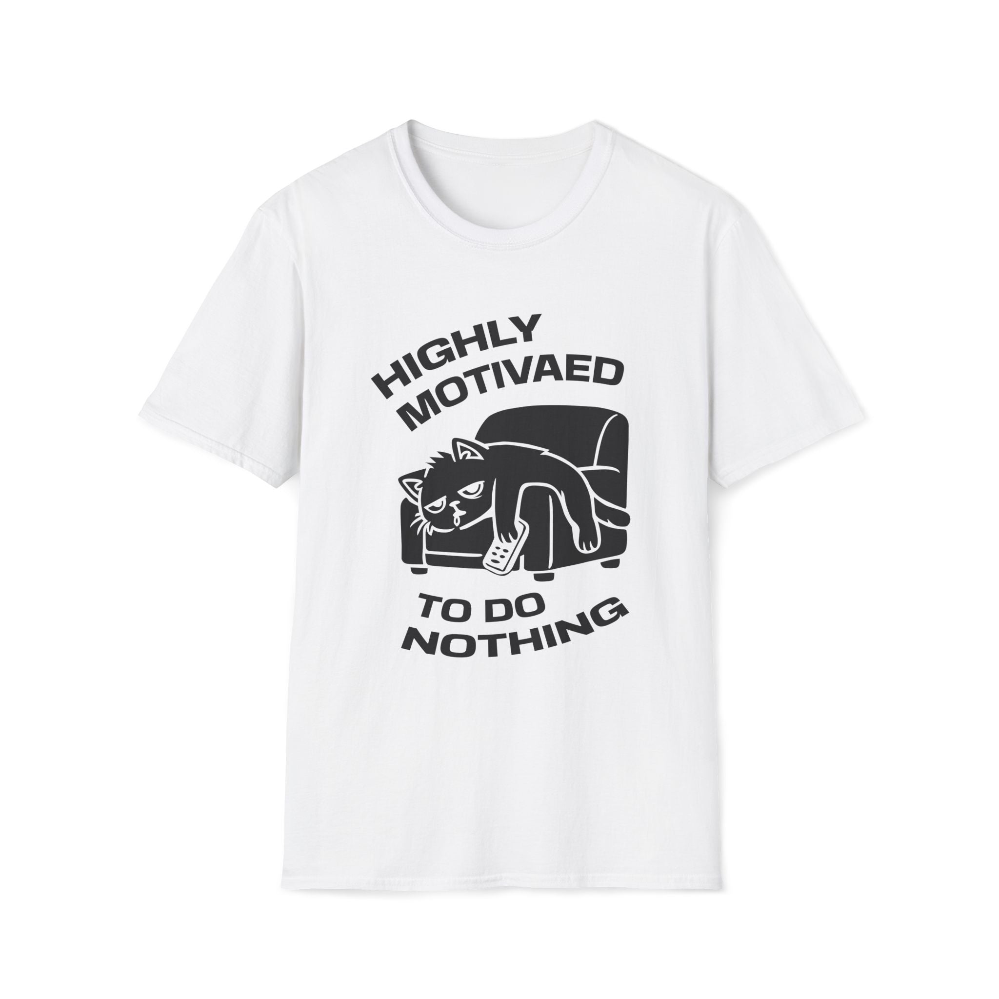 T-Shirt — 'HIGHLY MOTIVATED TO DO NOTHING' Tired Cat Graphic Tee (Tired jokes)