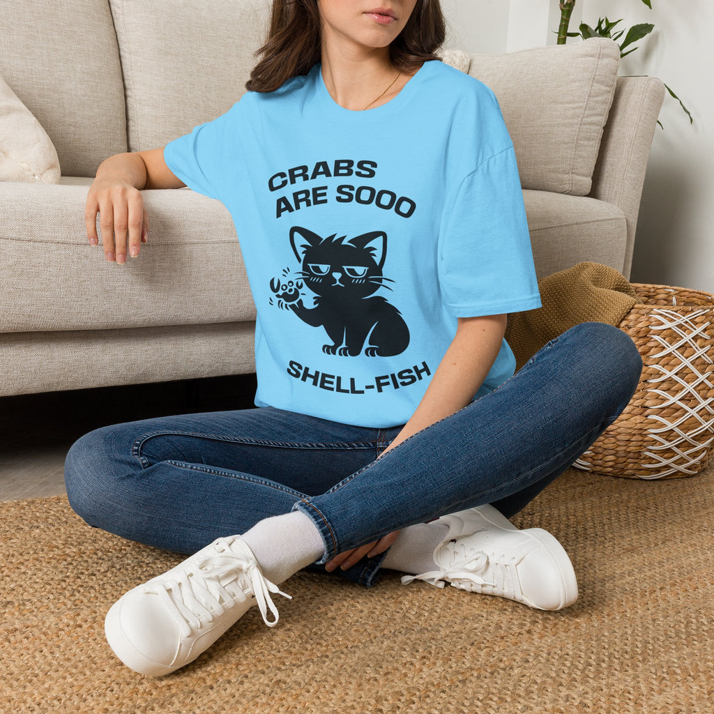 T-Shirt — 'CRABS ARE SO SHELL-FISH' Tired Cat Graphic Tee (Tired jokes)