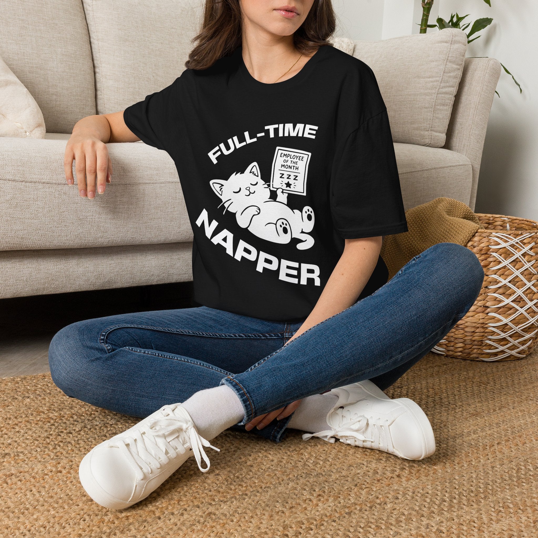 T-Shirt — 'Full Time Napper' Tired Cat Graphic Tee (Tired jokes)
