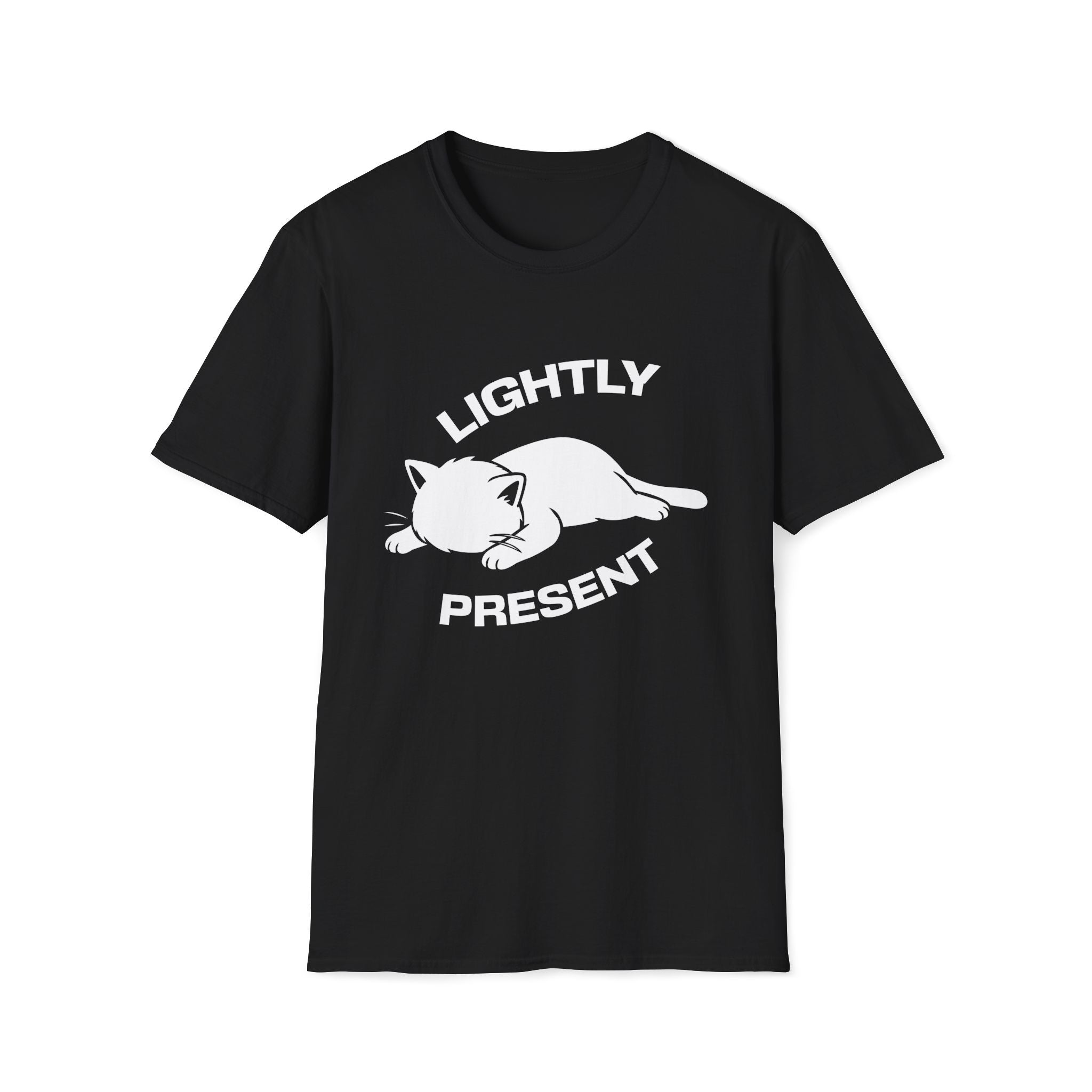 T-Shirt — 'Lightly Present' Tired Cat Graphic Tee (Tired jokes)