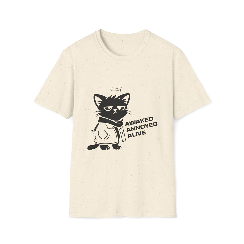 T-Shirt — 'AWAKED ANNOYED ALIVE' Tired Cat Graphic Tee (Tired jokes)