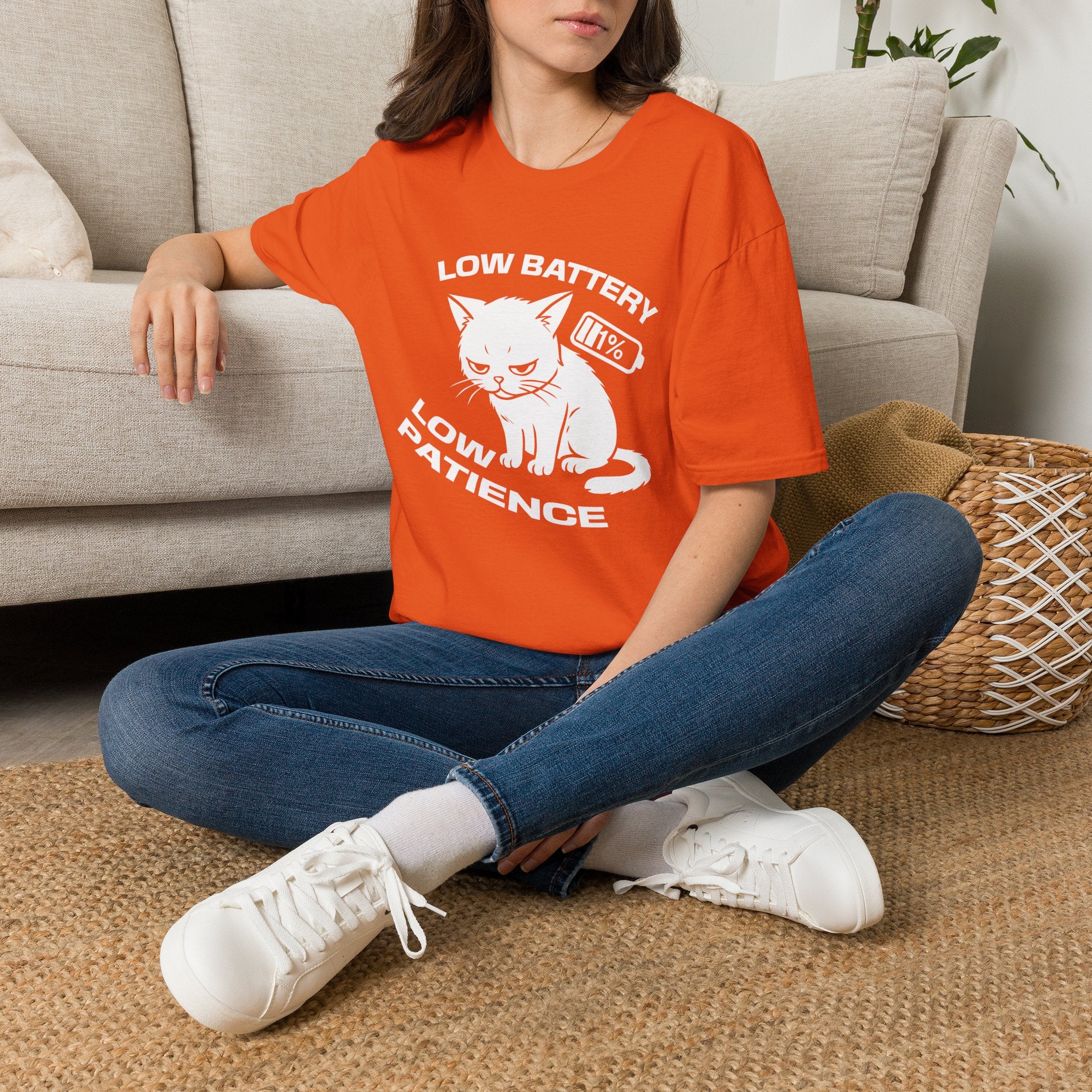 T-Shirt — 'LOW BATTERY LOW PATIENCE' Tired Cat Graphic Tee (Tired jokes)