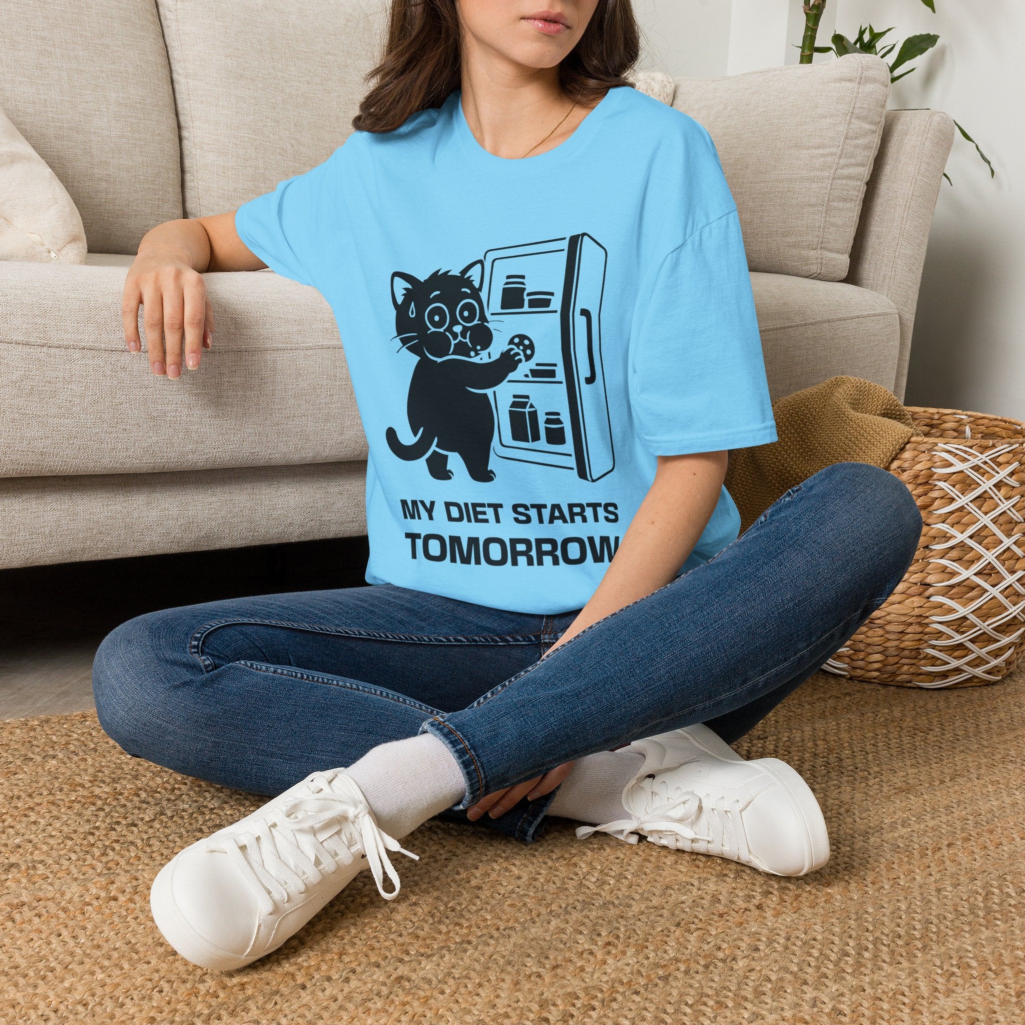 T-Shirt — 'My Diet Starts Tomorrow' Tired Cat Graphic Tee (Tired jokes)