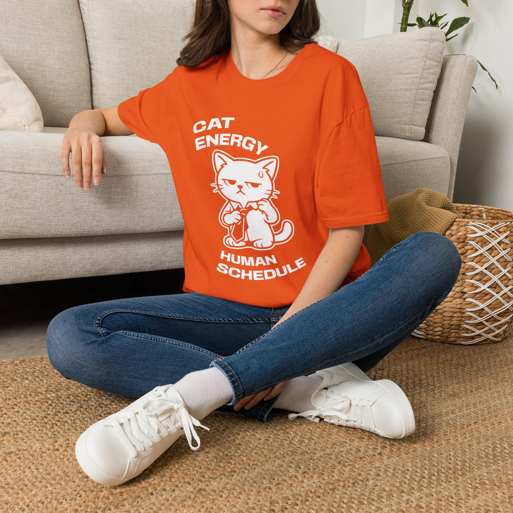 T-Shirt — 'CAT ENERGY HUMAN SCHEDULE' Tired Cat Graphic Tee (Tired jokes)