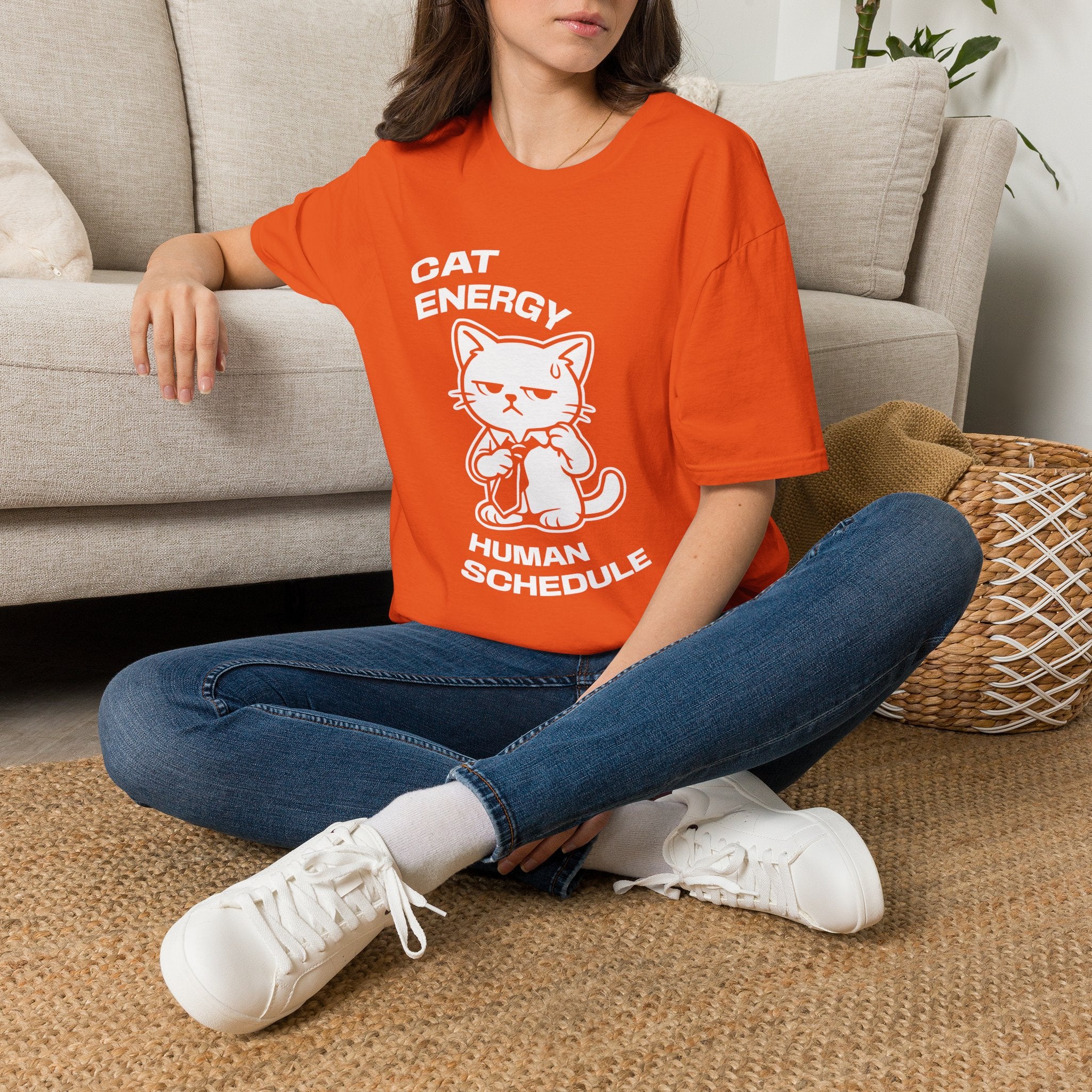 T-Shirt — 'CAT ENERGY HUMAN SCHEDULE' Tired Cat Graphic Tee (Tired jokes)