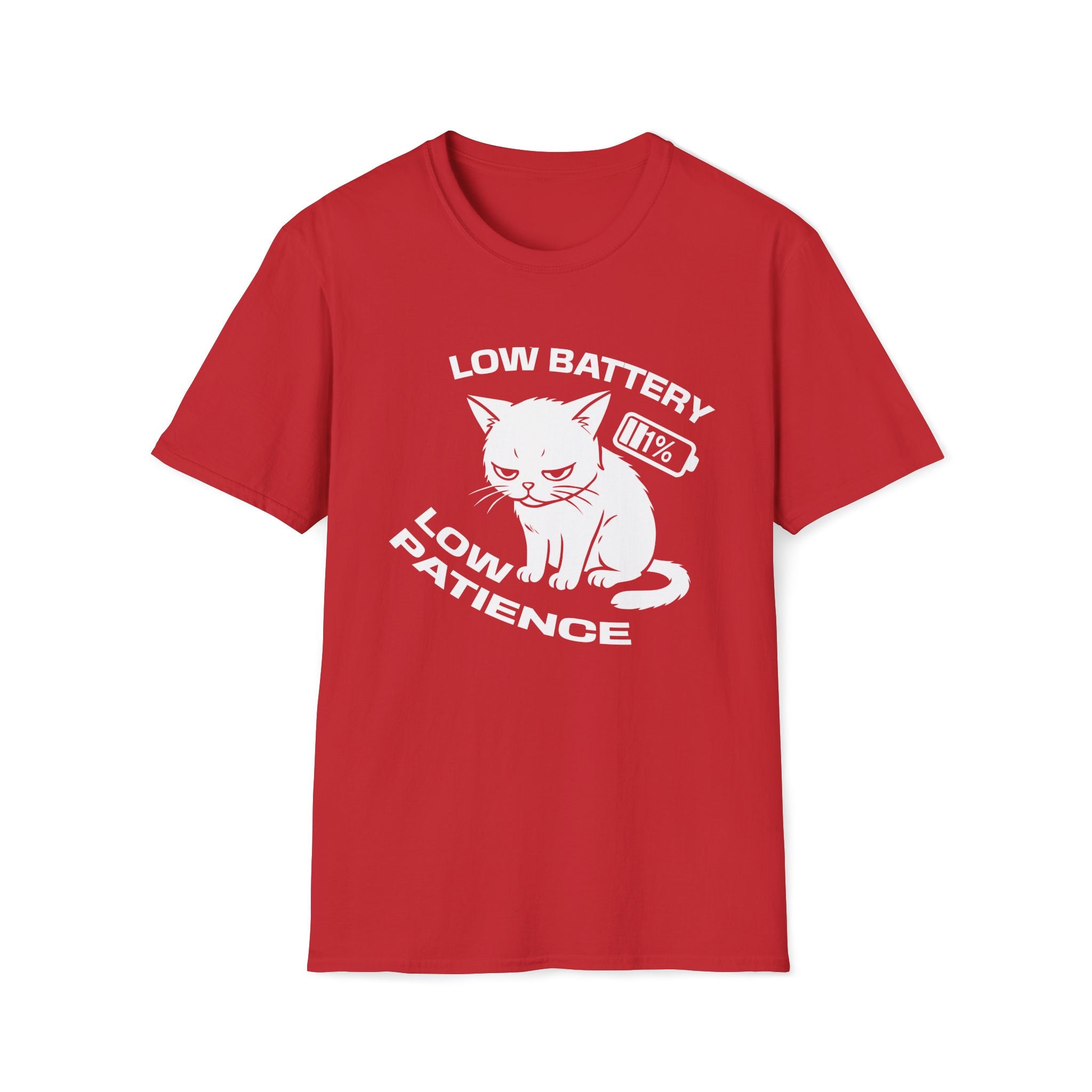T-Shirt — 'LOW BATTERY LOW PATIENCE' Tired Cat Graphic Tee (Tired jokes)