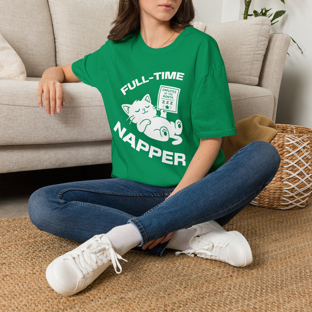 T-Shirt — 'Full Time Napper' Tired Cat Graphic Tee (Tired jokes)