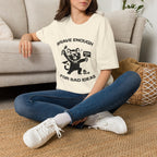T-Shirt — 'Brave Enough For Bad Ideas' Tired Cat Graphic Tee (Tired jokes)
