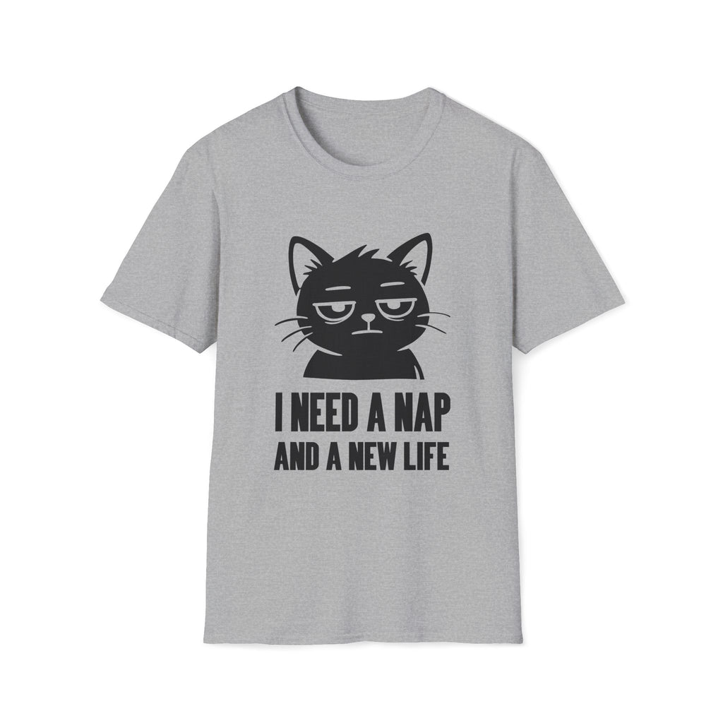 T-Shirt — 'I NEED A NAP AND A NEW LIFE' Tired Cat Graphic Tee (Tired jokes)
