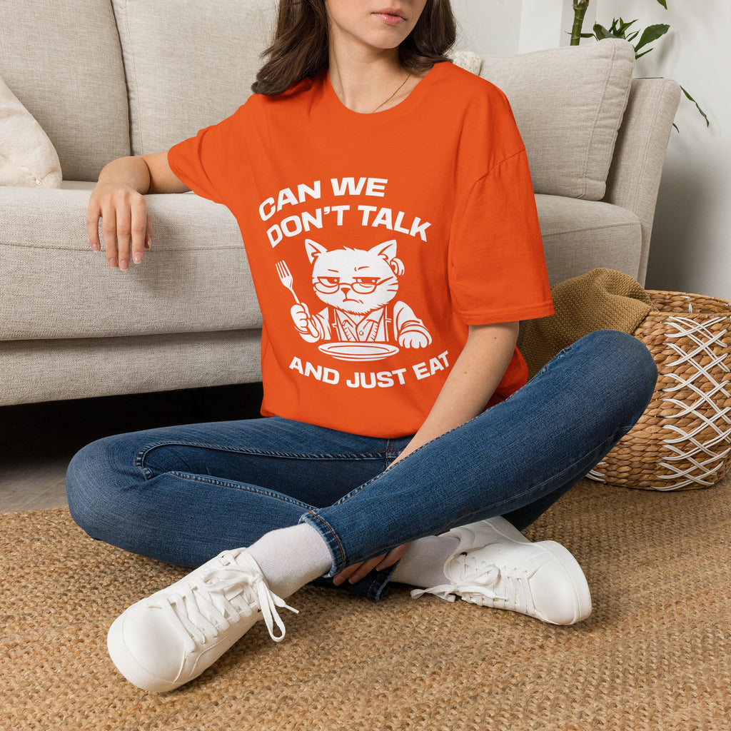 T-Shirt — 'CAN WE DON'T TALK AND JUST EAT' Tired Cat Graphic Tee (Tired jokes)