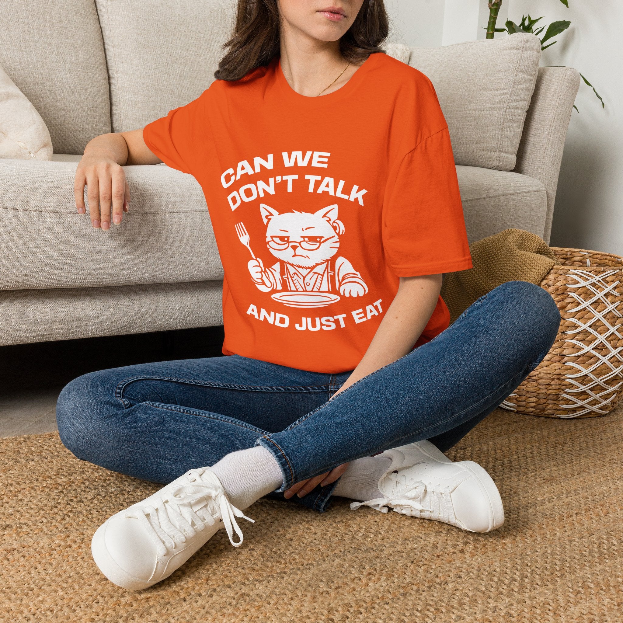 T-Shirt — 'CAN WE DON'T TALK AND JUST EAT' Tired Cat Graphic Tee (Tired jokes)