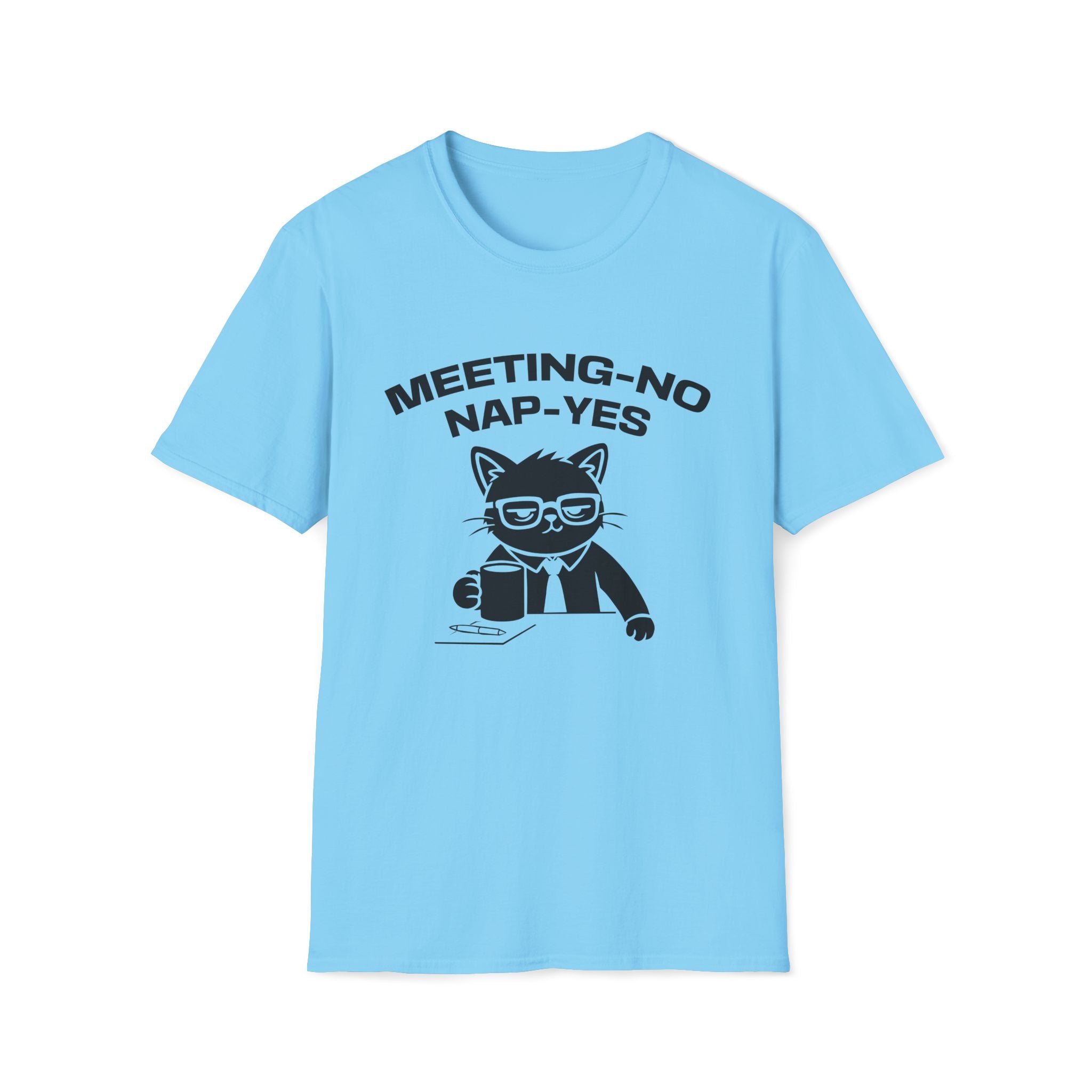 T-Shirt — 'MEETING-NO, NAP-YES' Tired Cat Graphic Tee (Tired jokes)