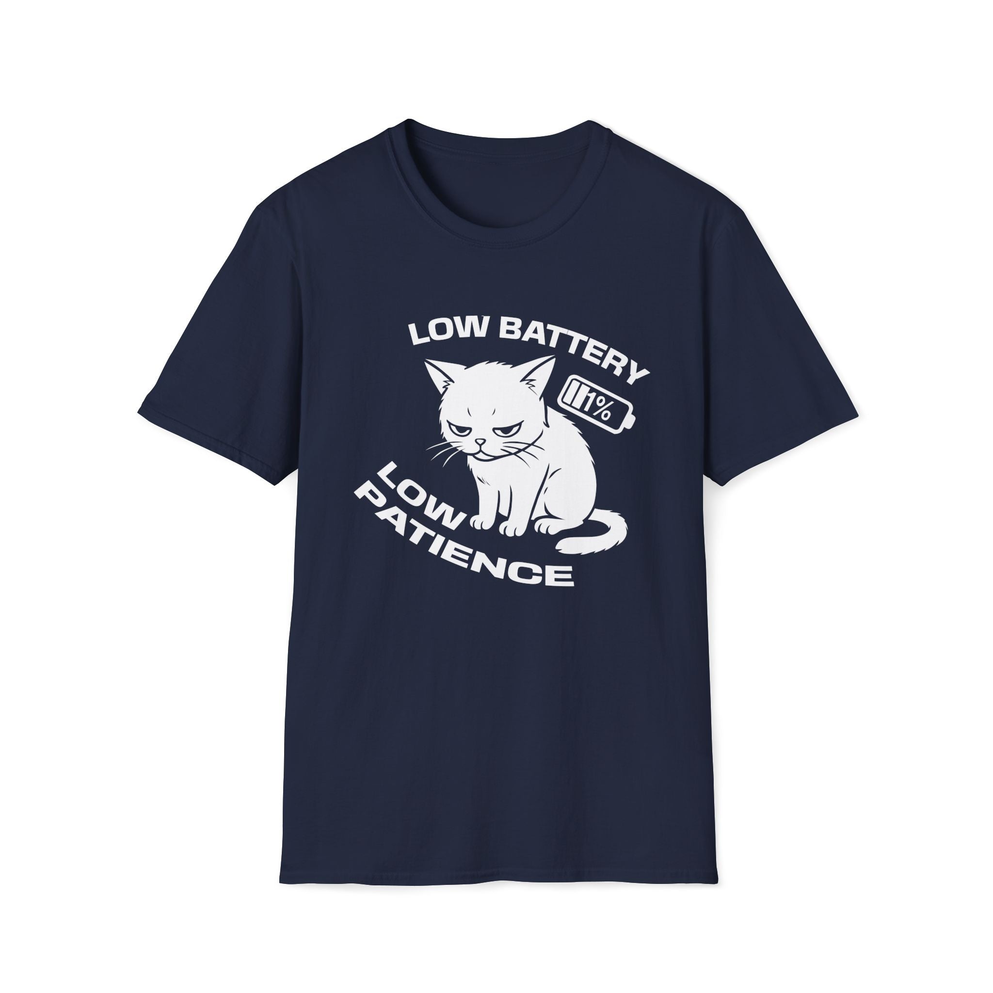 T-Shirt — 'LOW BATTERY LOW PATIENCE' Tired Cat Graphic Tee (Tired jokes)