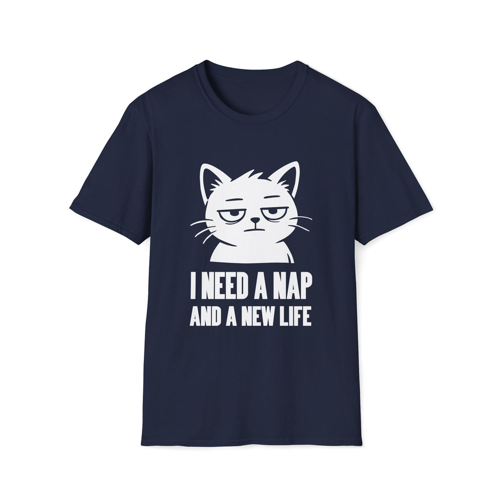 T-Shirt — 'I NEED A NAP AND A NEW LIFE' Tired Cat Graphic Tee (Tired jokes)