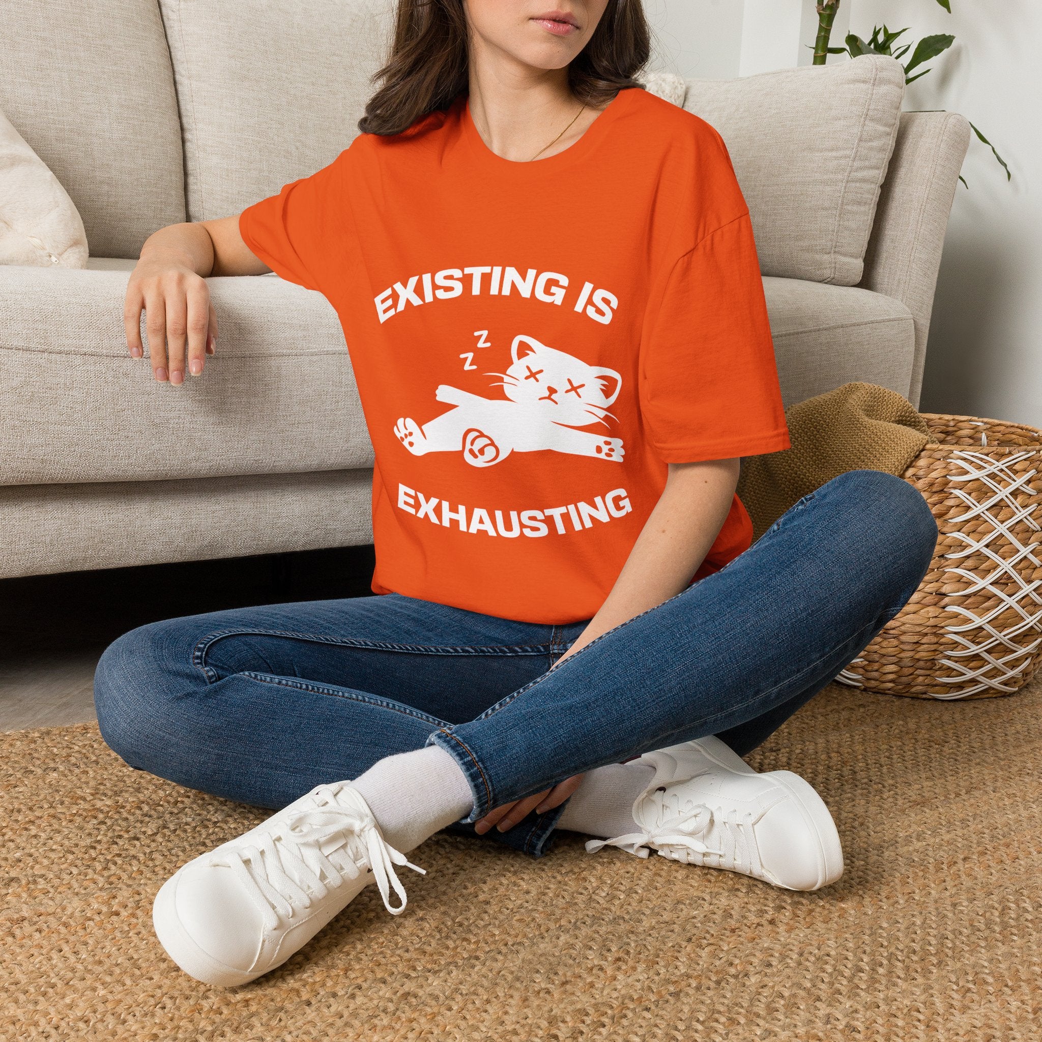 T-Shirt — 'Existing is Exhausthing ' Tired Cat Graphic Tee (Tired jokes)