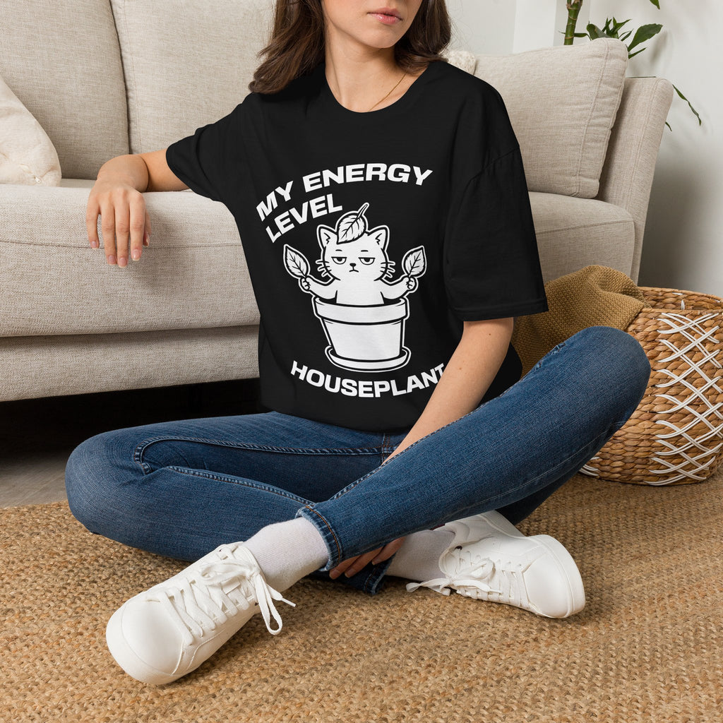 T-Shirt — 'ENERGY LEVEL HOUSEPLANT' Tired Cat Graphic Tee (Tired jokes)