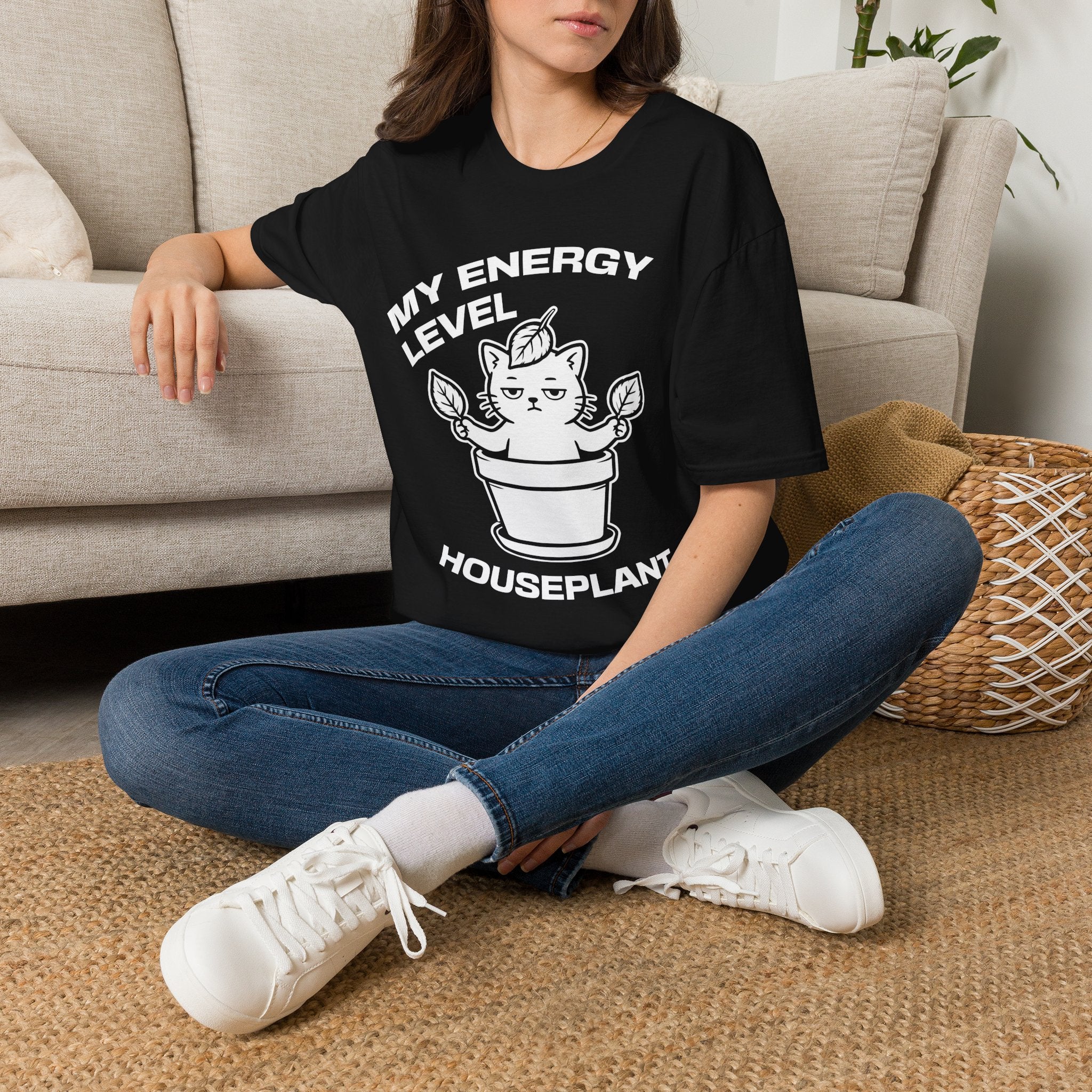 T-Shirt — 'ENERGY LEVEL HOUSEPLANT' Tired Cat Graphic Tee (Tired jokes)