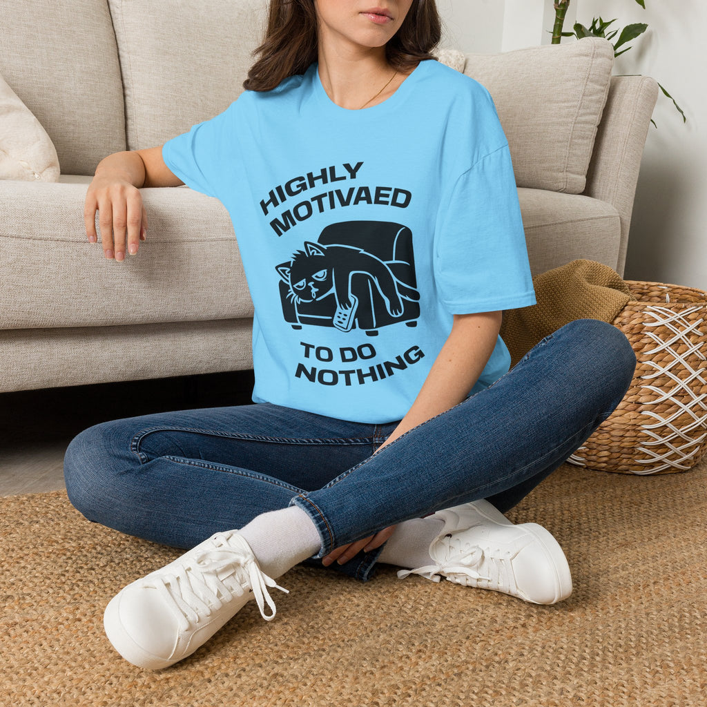 T-Shirt — 'HIGHLY MOTIVATED TO DO NOTHING' Tired Cat Graphic Tee (Tired jokes)