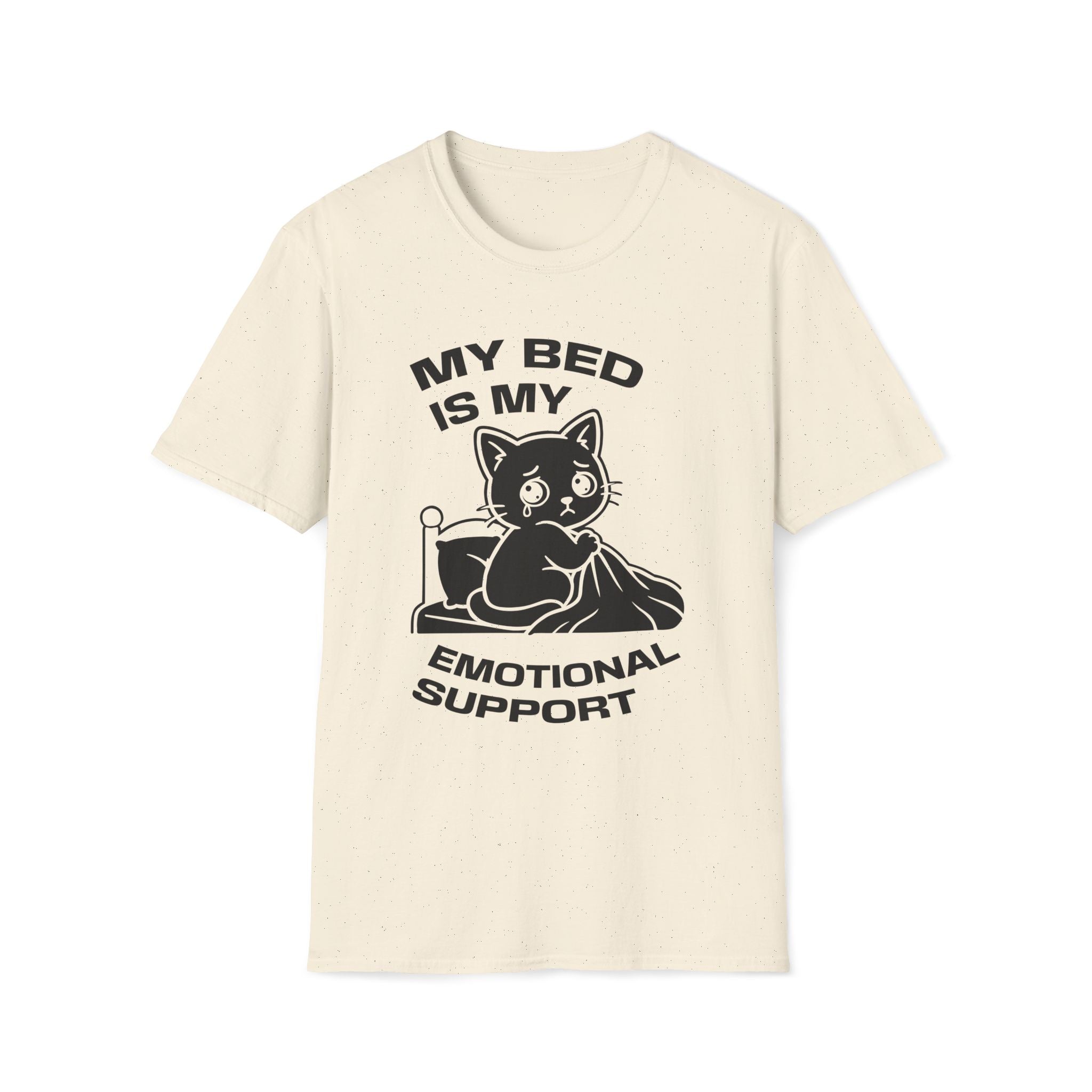 T-Shirt — 'MY BED IS MY EMOTIONAL SUPPORT' Tired Cat Graphic Tee (Tired jokes)