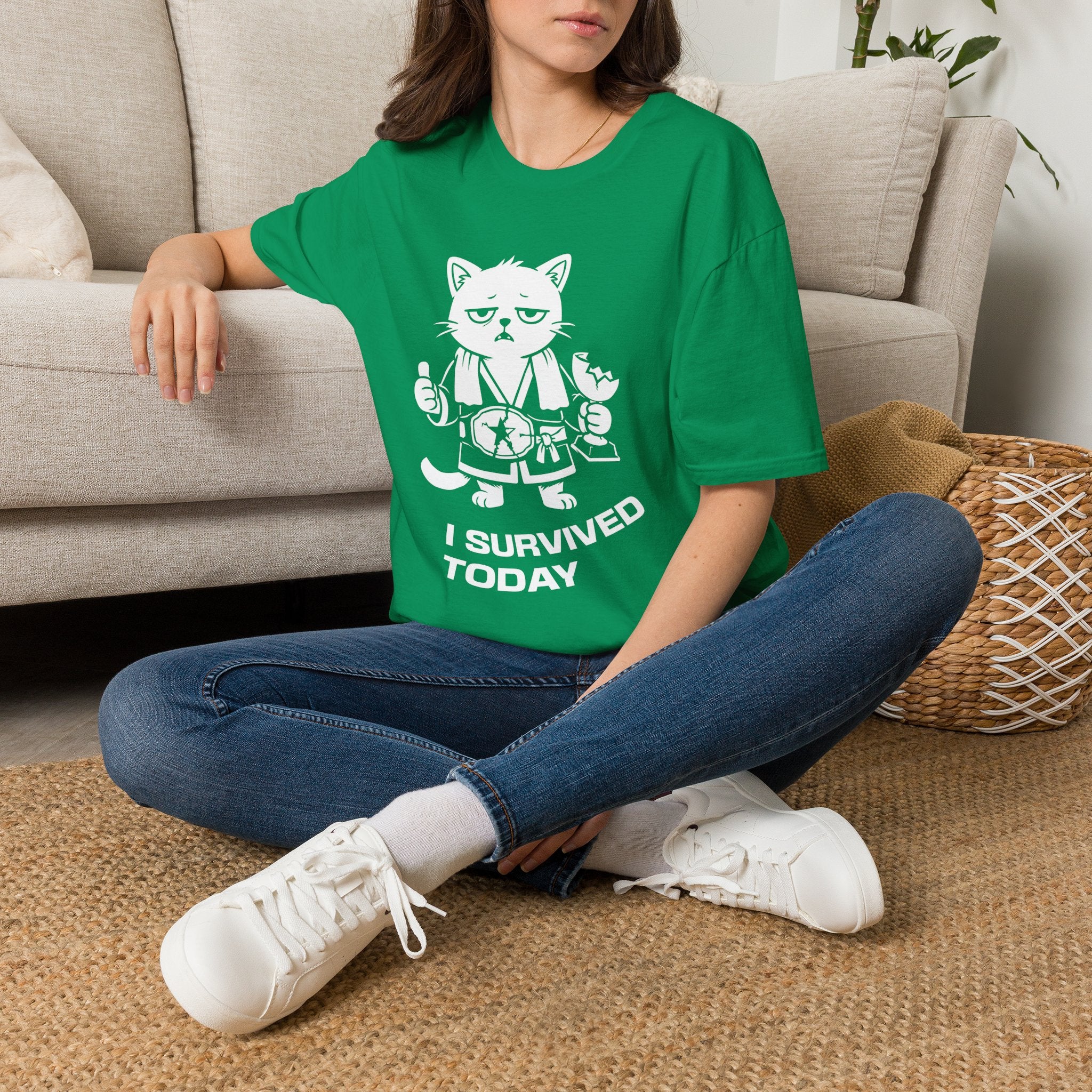 T-Shirt — 'I SURVIVED TODAY' Tired Cat Graphic Tee (Tired jokes)