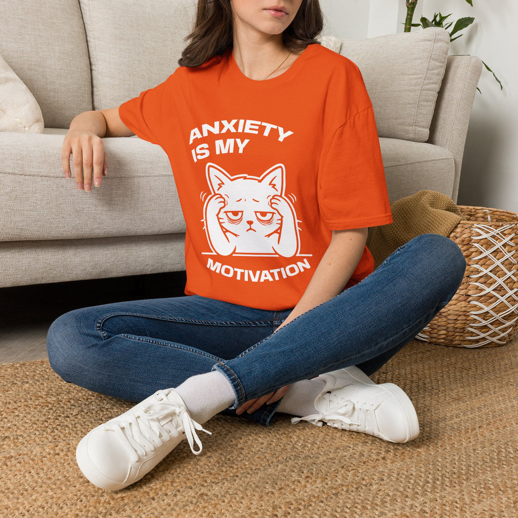 T-Shirt — 'ANXIETY IS MY MOTIVATION' Tired Cat Graphic Tee (Tired jokes)