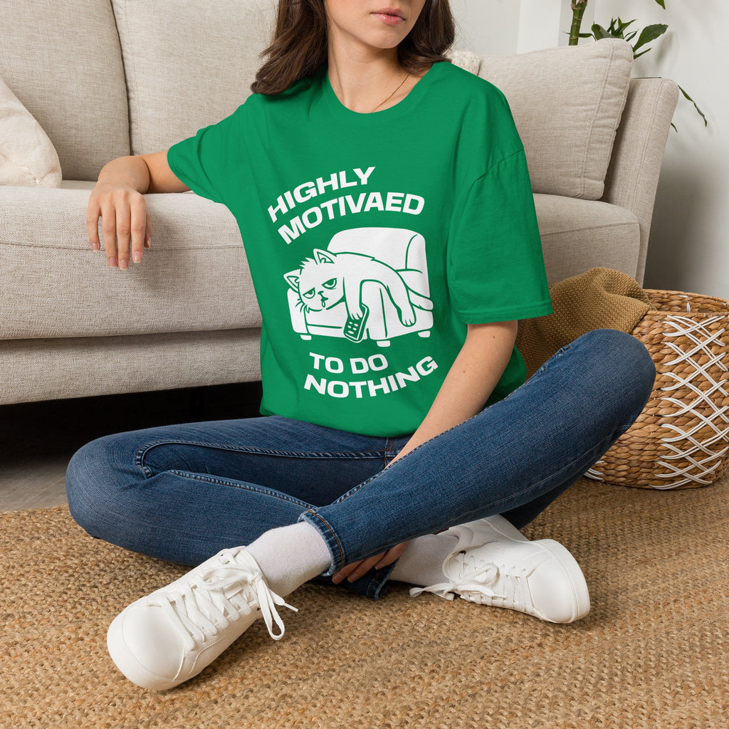 T-Shirt — 'HIGHLY MOTIVATED TO DO NOTHING' Tired Cat Graphic Tee (Tired jokes)