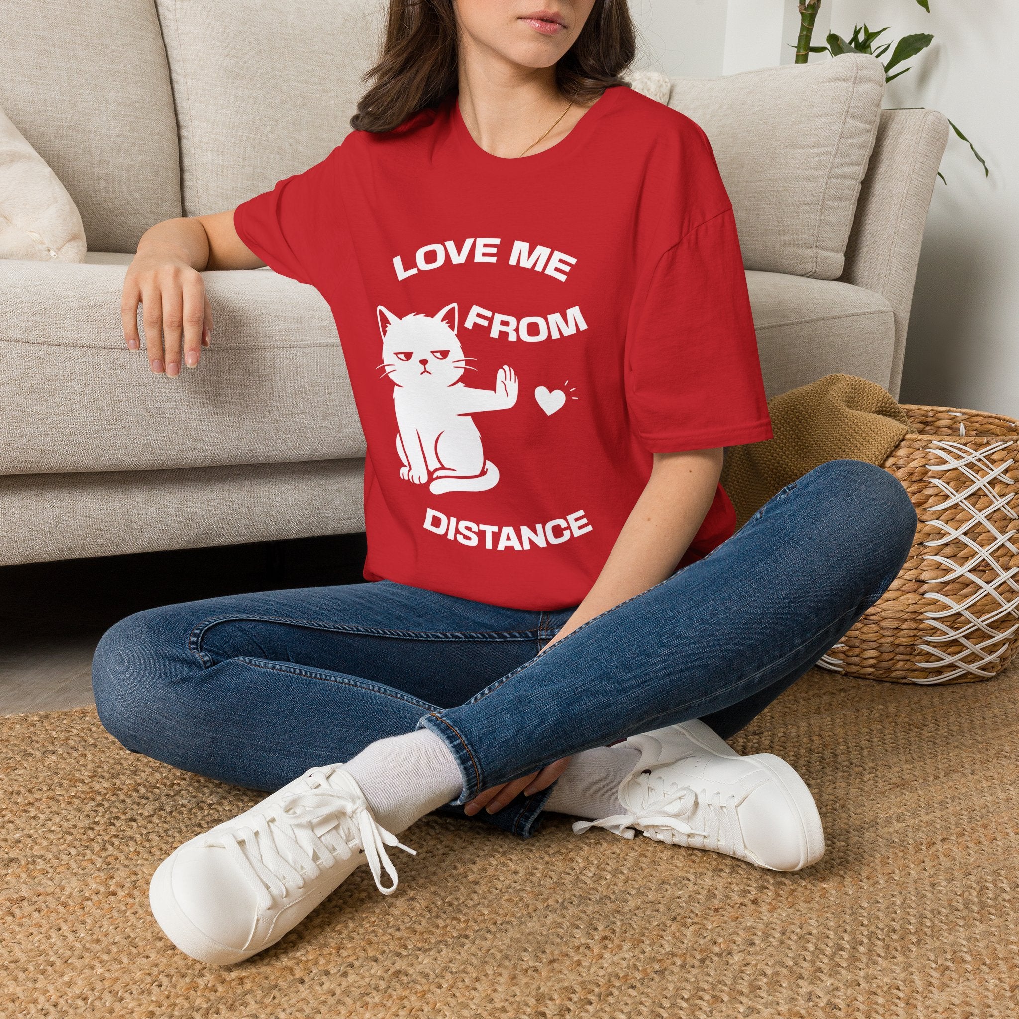 T-Shirt — 'Love Me From Distance' Tired Cat Graphic Tee (Tired jokes)