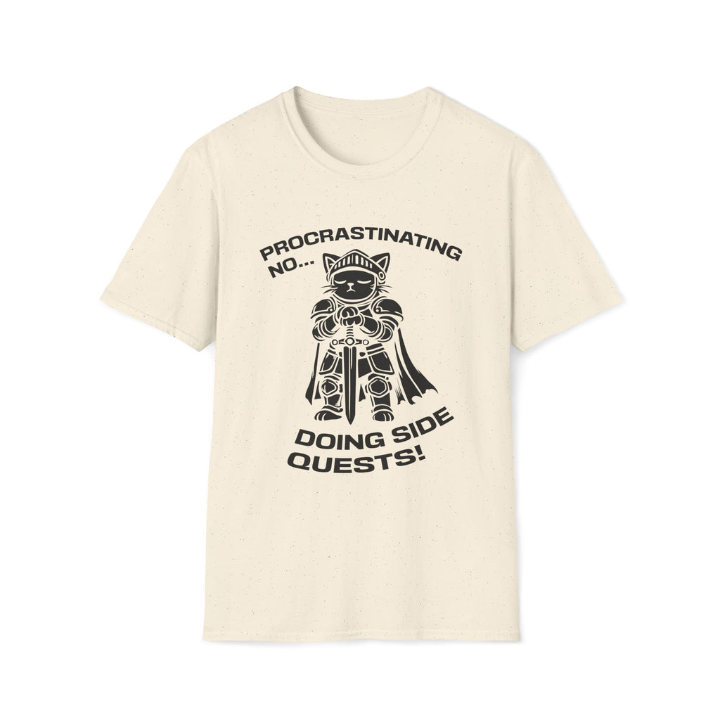 T-Shirt — 'PROCRASTINATING NO...DOING SIDE QUESTS!' Tired Cat Graphic Tee (Tired jokes)