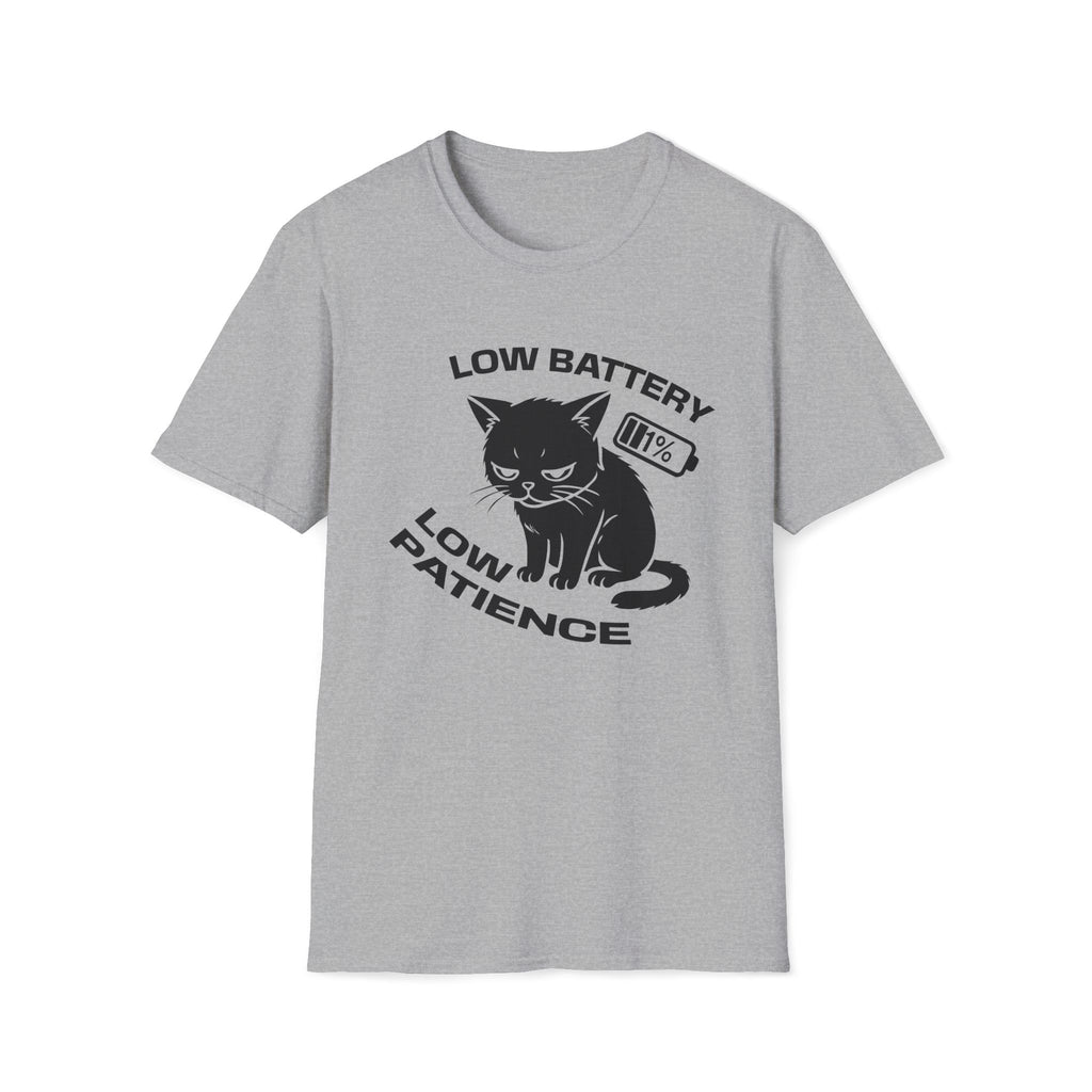 T-Shirt — 'LOW BATTERY LOW PATIENCE' Tired Cat Graphic Tee (Tired jokes)