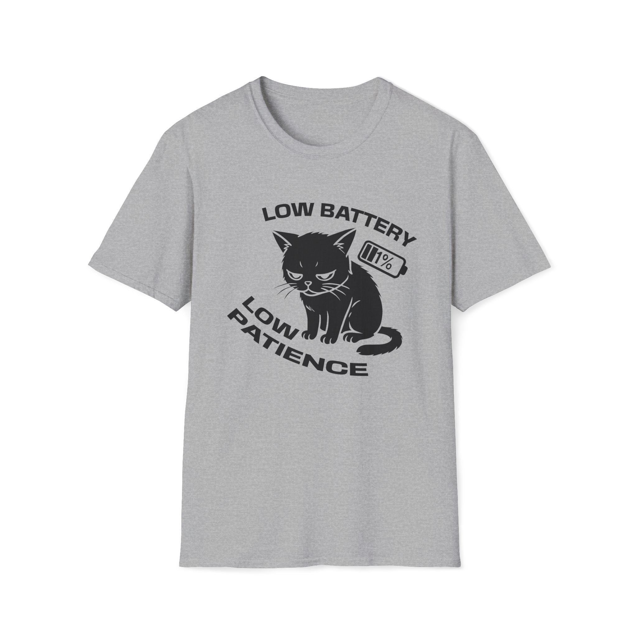 T-Shirt — 'LOW BATTERY LOW PATIENCE' Tired Cat Graphic Tee (Tired jokes)