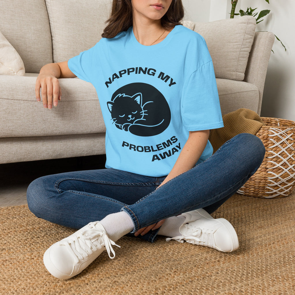 T-Shirt — 'NAPPING MY PROBLEMS AWAY' Tired Cat Graphic Tee (Tired jokes)