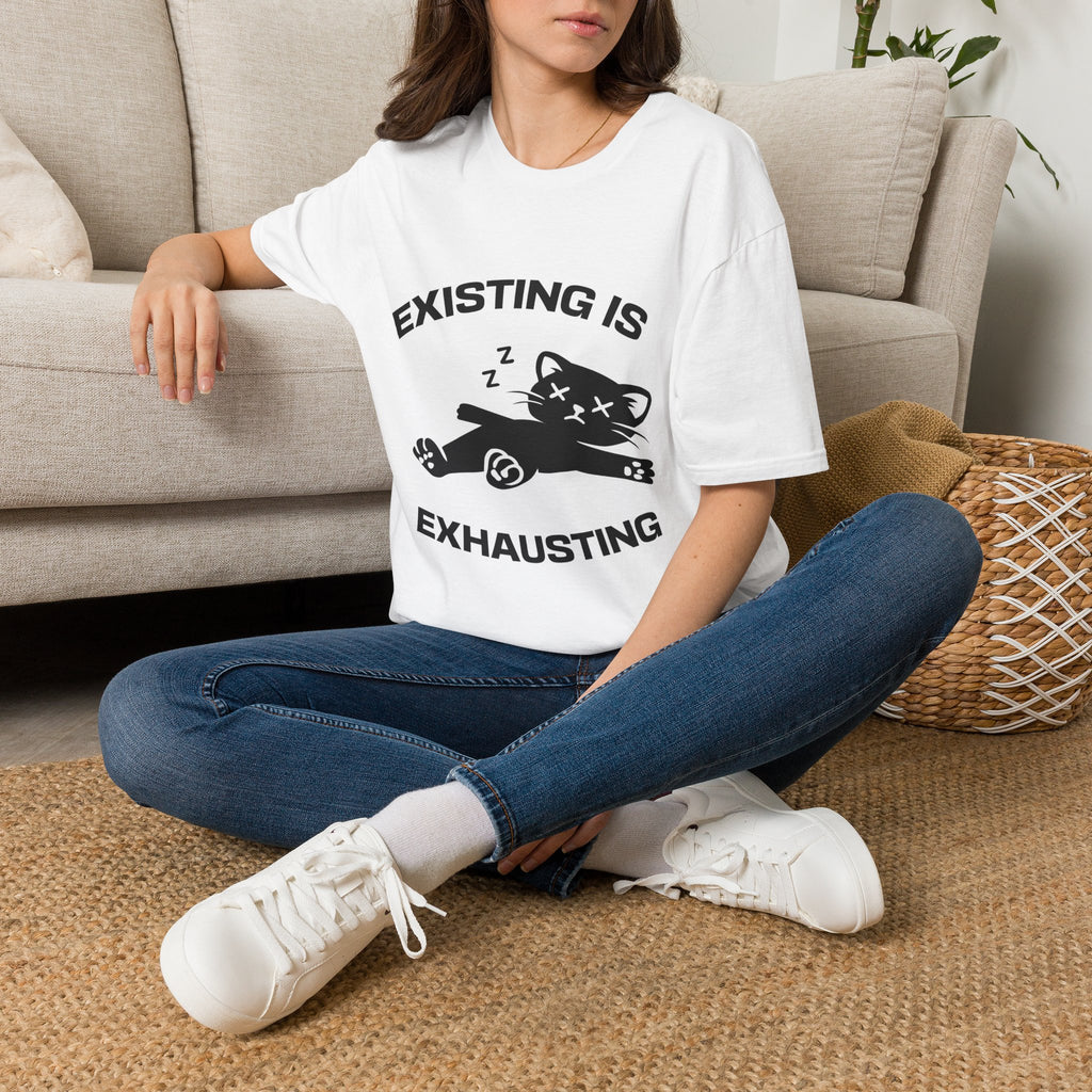 T-Shirt — 'Existing is Exhausthing ' Tired Cat Graphic Tee (Tired jokes)