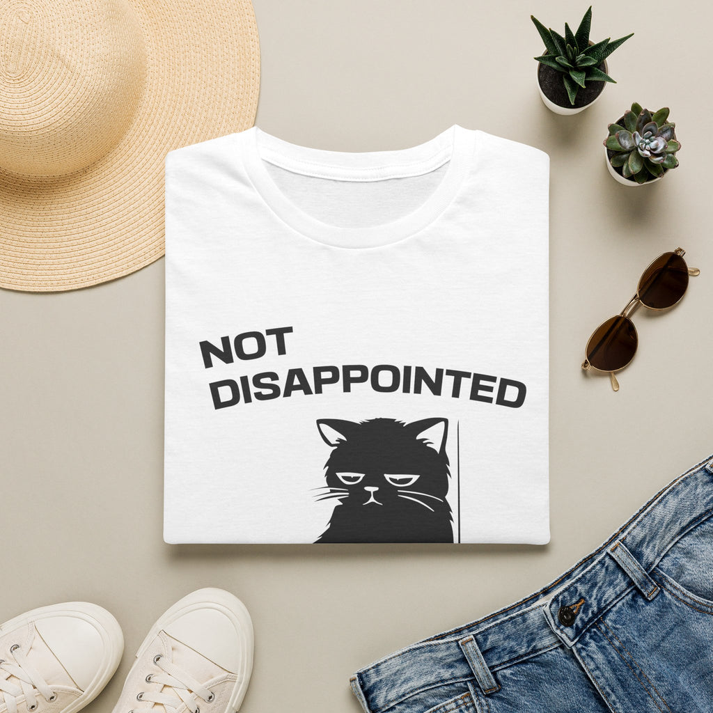 T-Shirt — 'Not Disappointed Just Not Surprised' Tired Cat Graphic Tee (Tired jokes)
