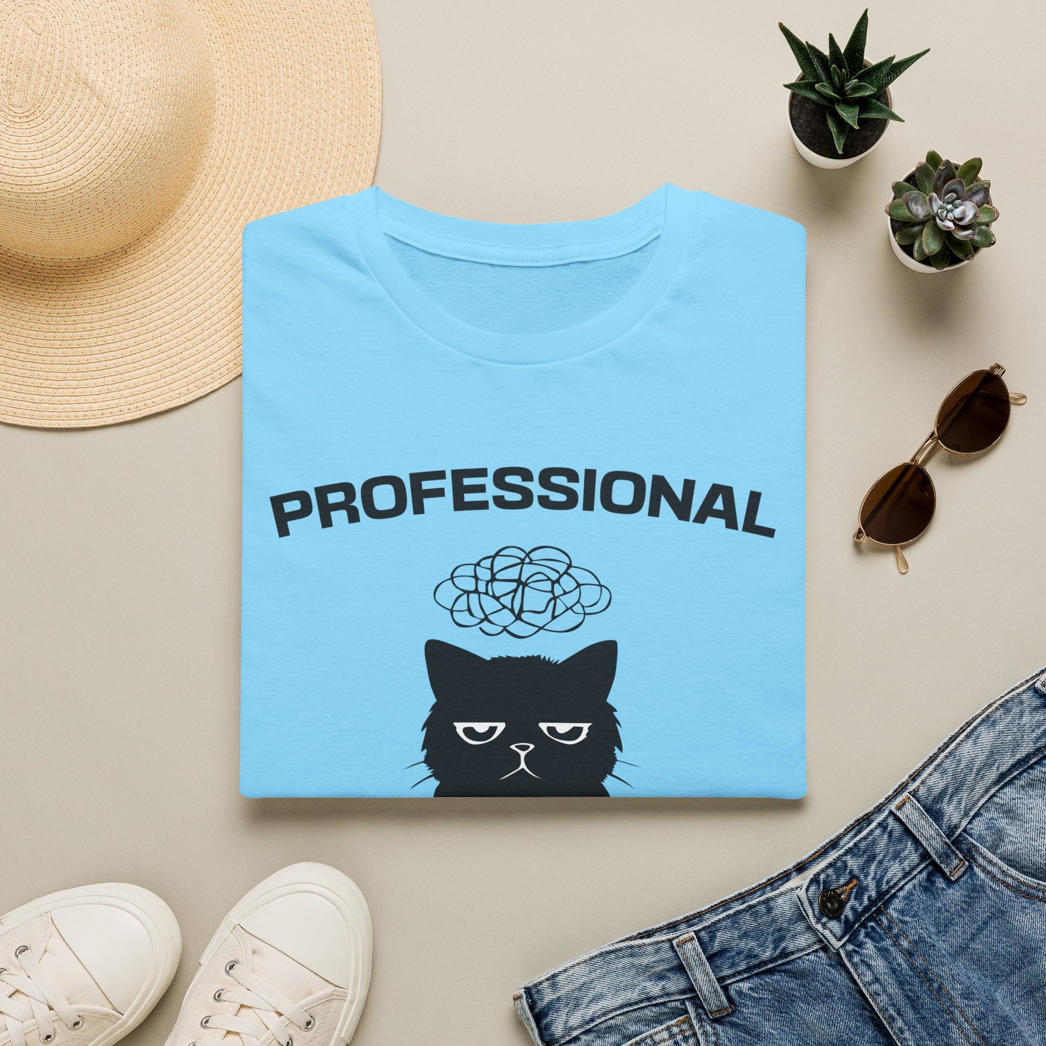 T-Shirt — 'Professional Overthinker' Tired Cat Graphic Tee (Tired jokes)