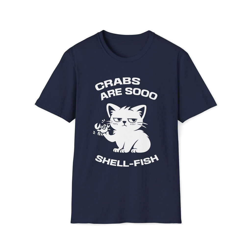 T-Shirt — 'CRABS ARE SO SHELL-FISH' Tired Cat Graphic Tee (Tired jokes)