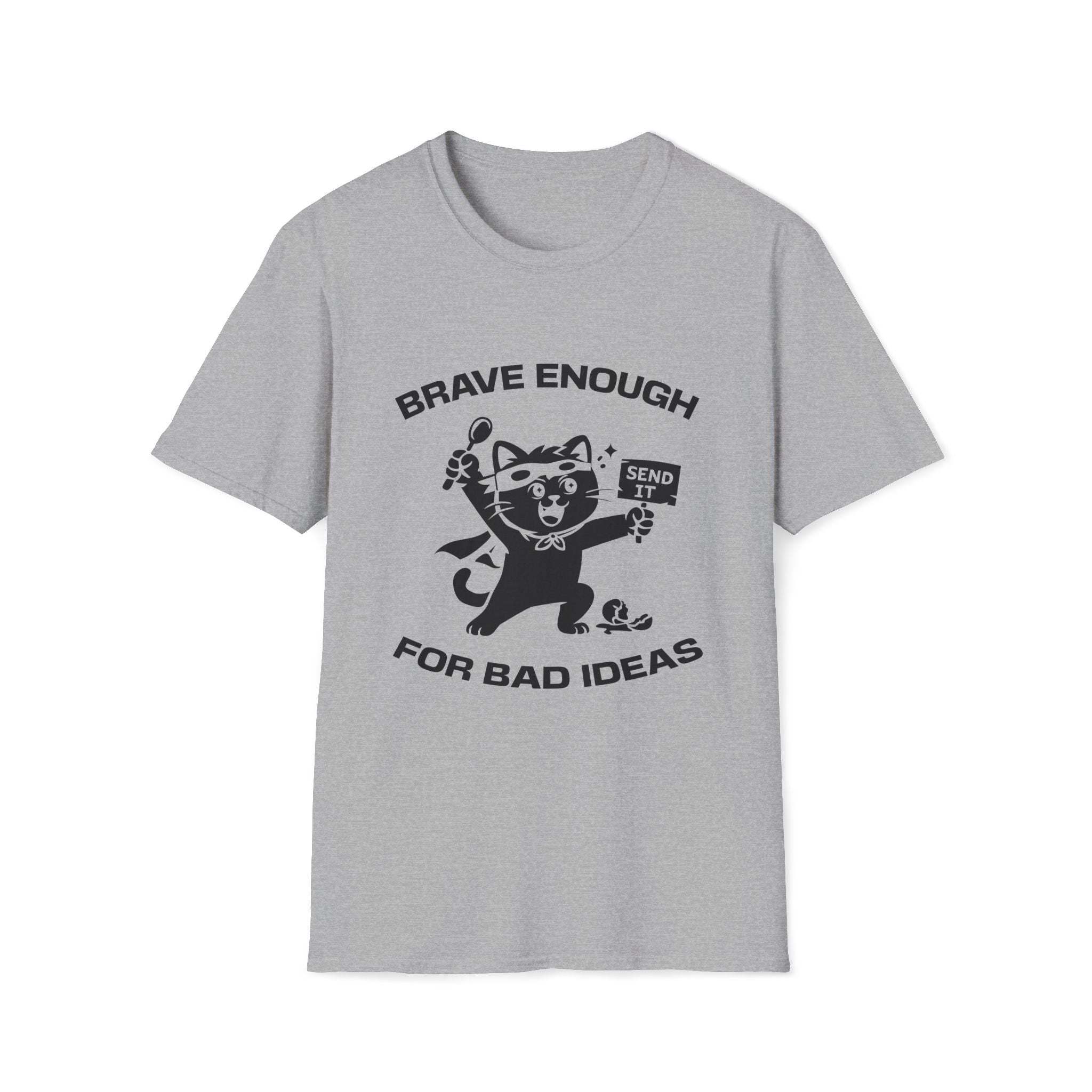 T-Shirt — 'Brave Enough For Bad Ideas' Tired Cat Graphic Tee (Tired jokes)