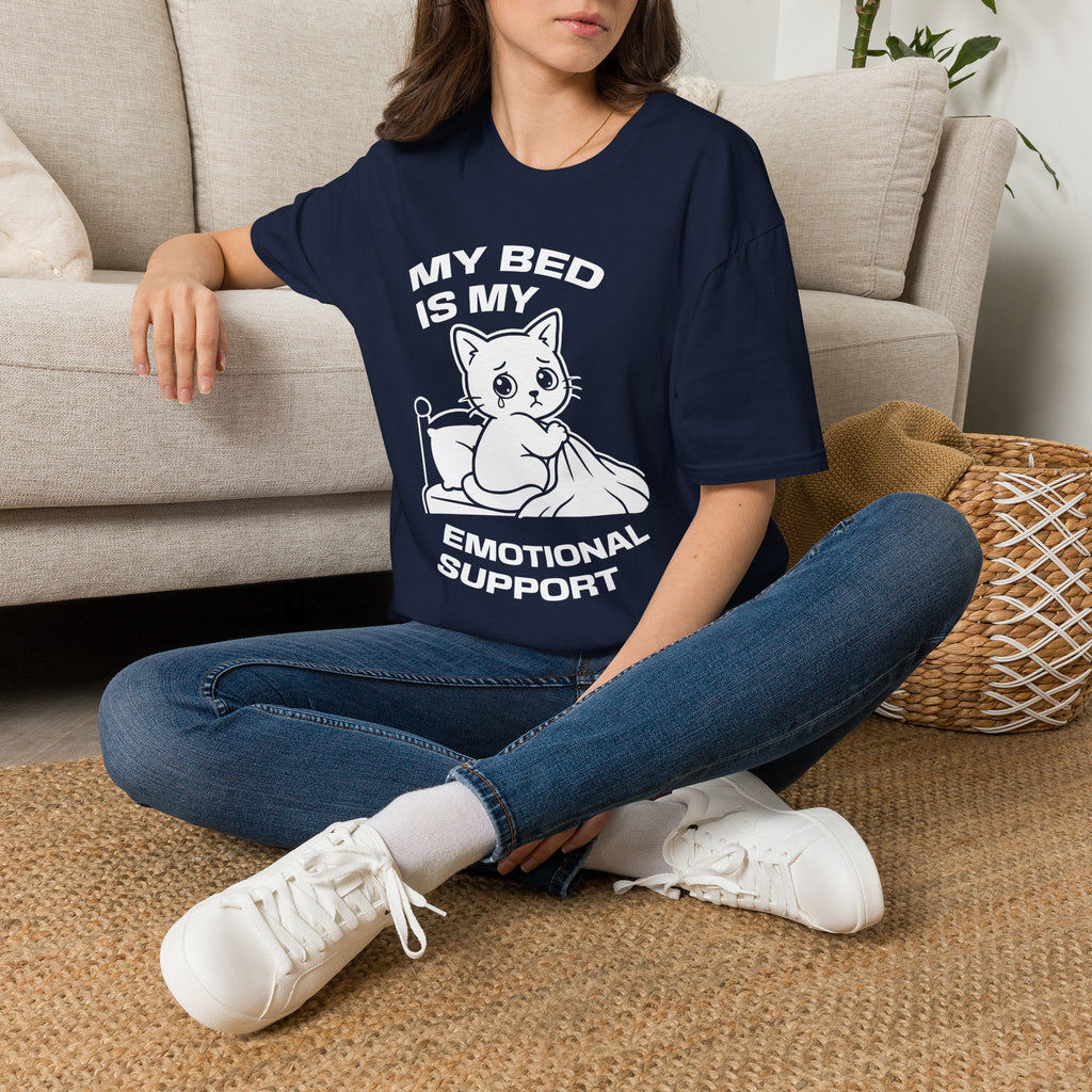T-Shirt — 'MY BED IS MY EMOTIONAL SUPPORT' Tired Cat Graphic Tee (Tired jokes)
