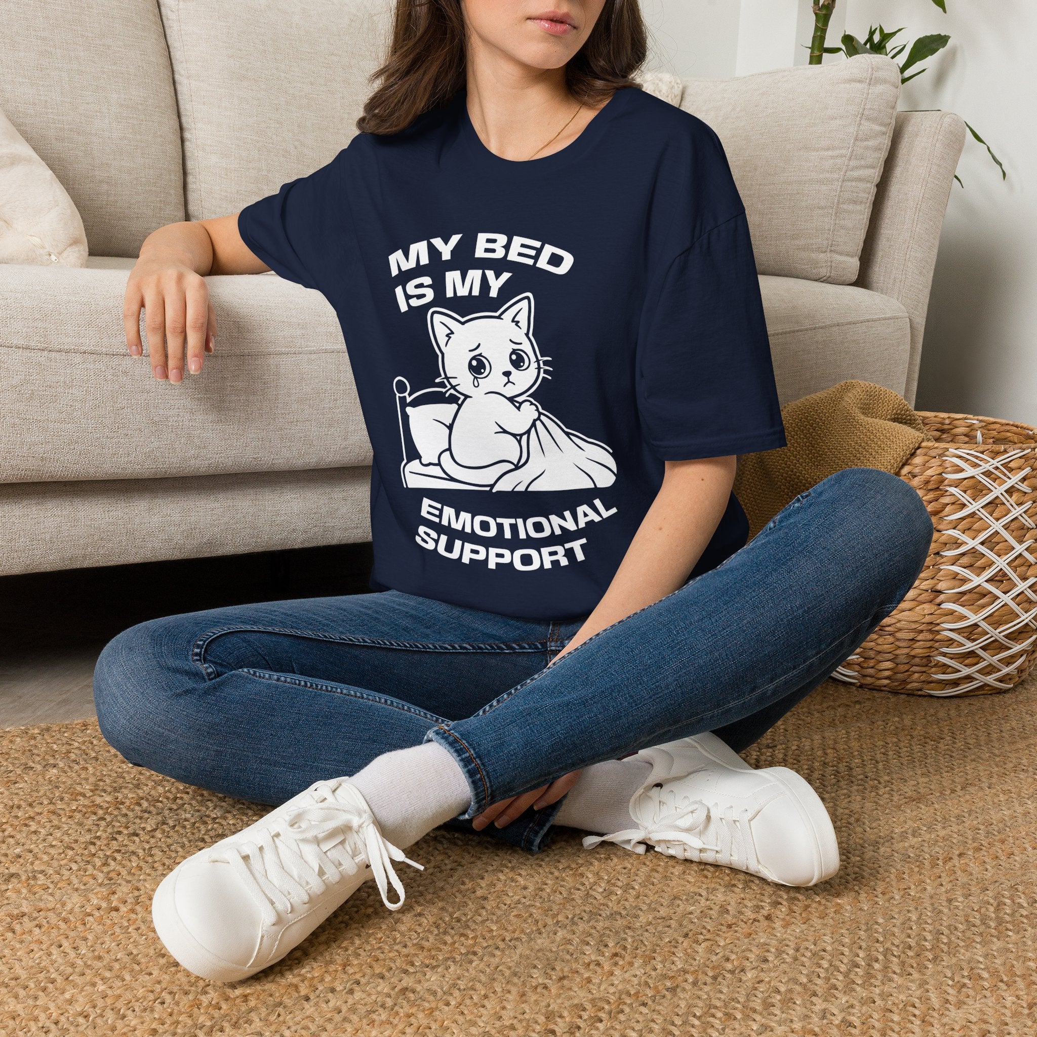 T-Shirt — 'MY BED IS MY EMOTIONAL SUPPORT' Tired Cat Graphic Tee (Tired jokes)